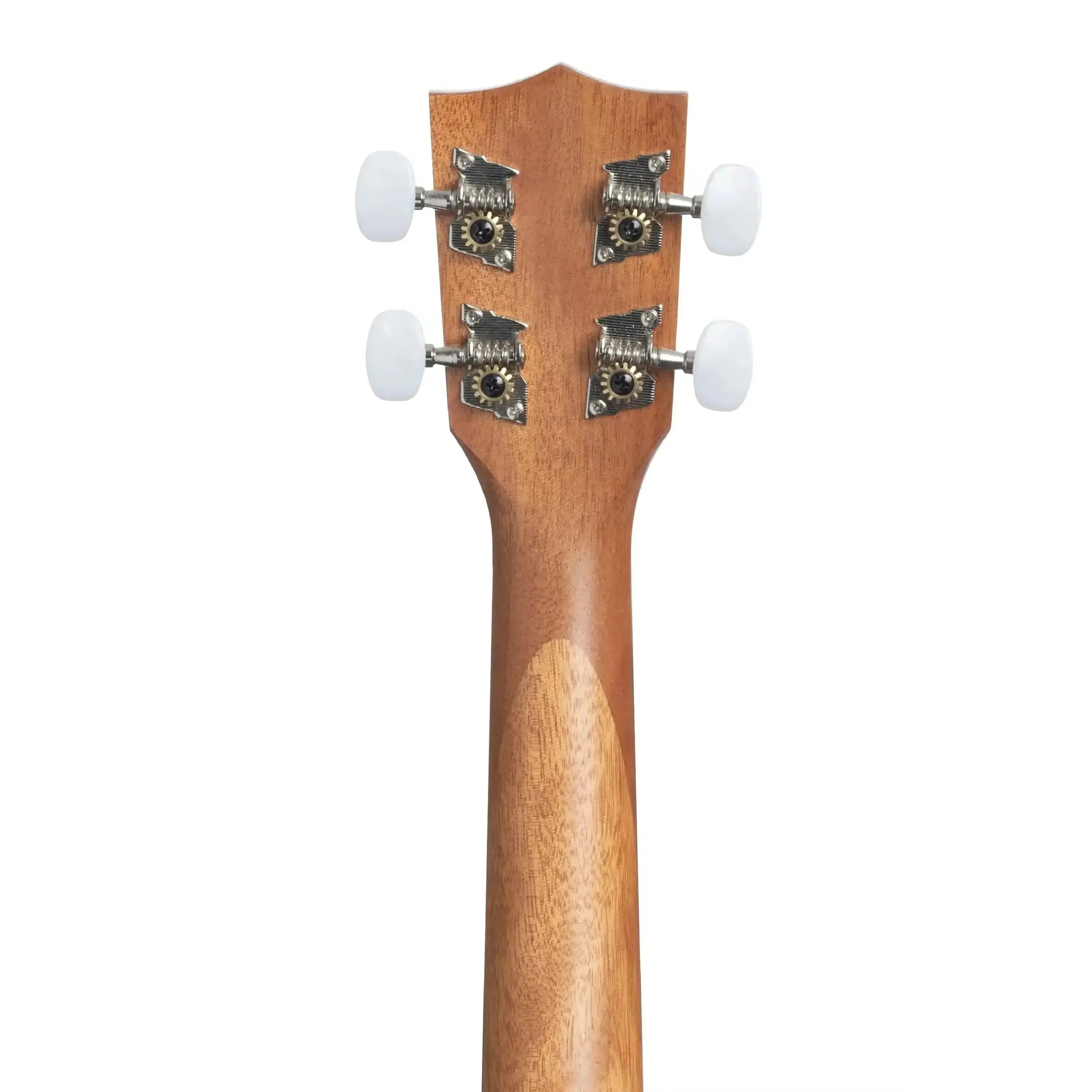 Kala KA-15S-S Soprano Ukulele mahogany neck and headstock with white tuning pegs.