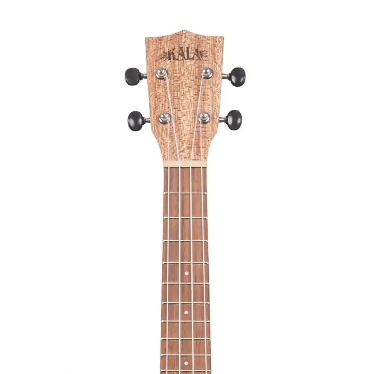 Kala KA-20C Concert Ukulele headstock with burled meranti wood grain, KALA logo, and black tuners.
