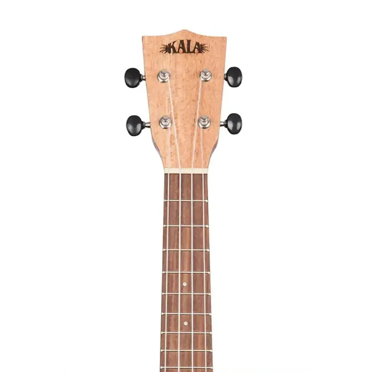 Kala KA-20CE Concert Ukulele headstock with black tuners and light burled Meranti wood.
