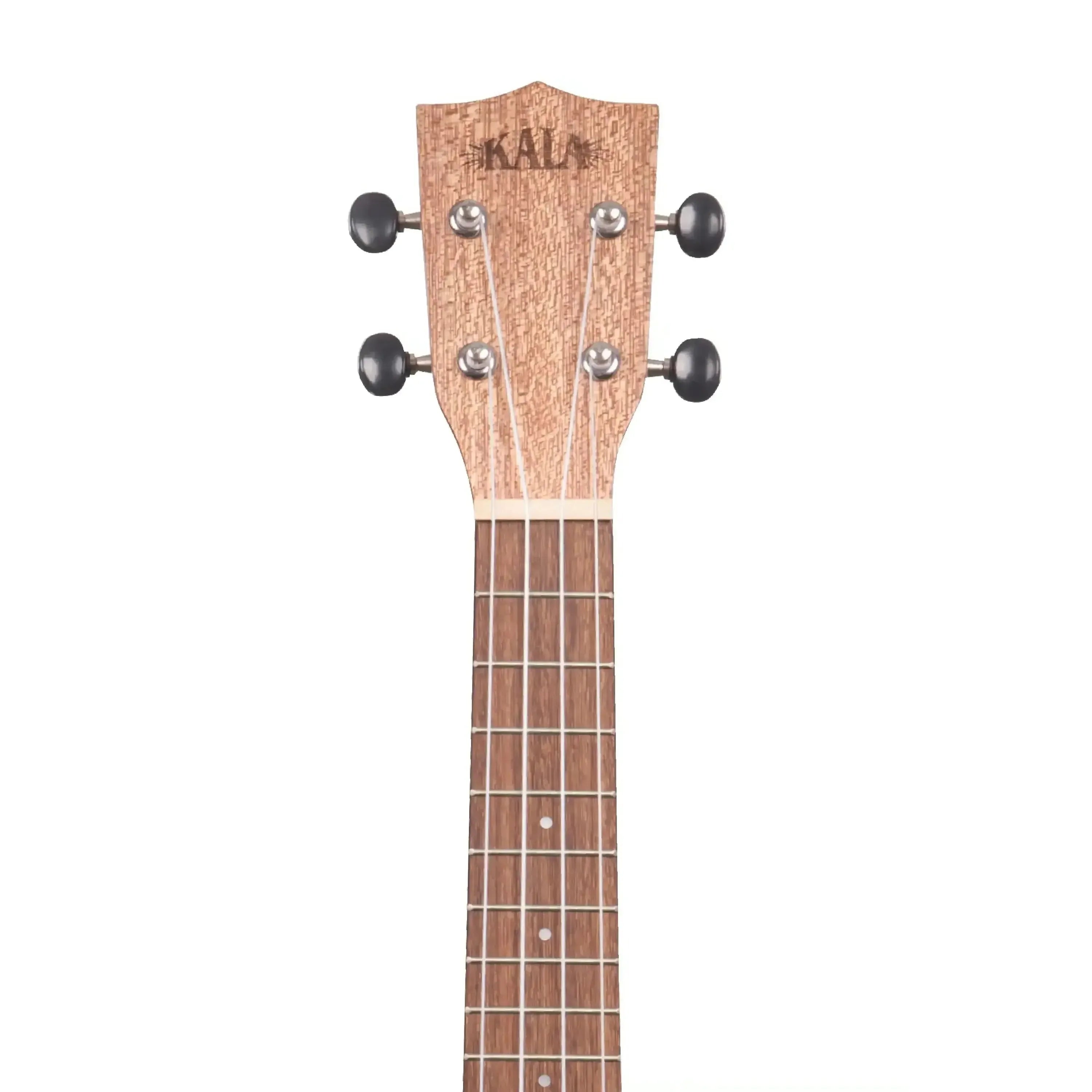 Kala KA-20S Soprano Ukulele headstock and neck, showing burled meranti wood and black tuning pegs.