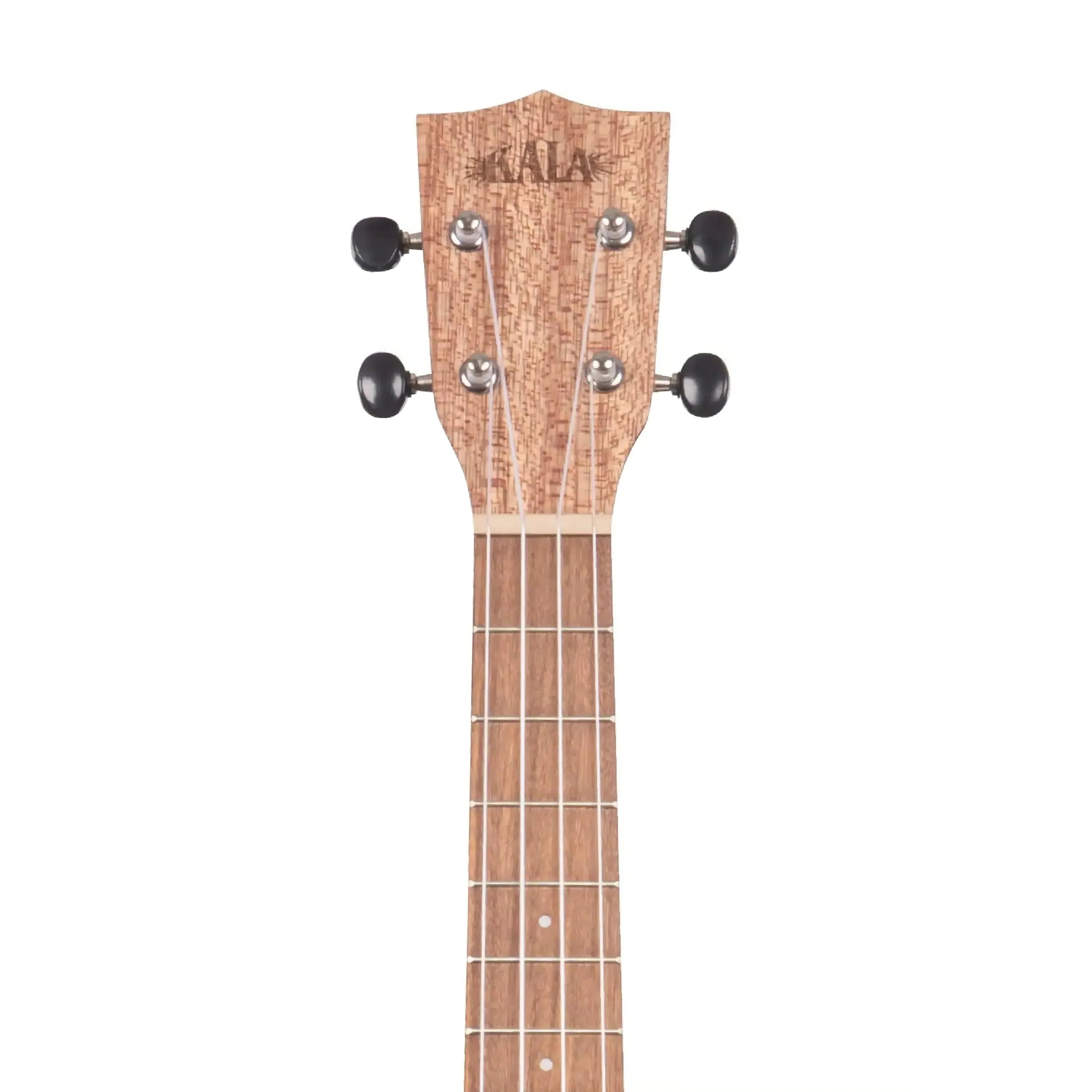 Kala KA-20T tenor ukulele headstock and fretboard, showing burled Meranti wood and black tuners.