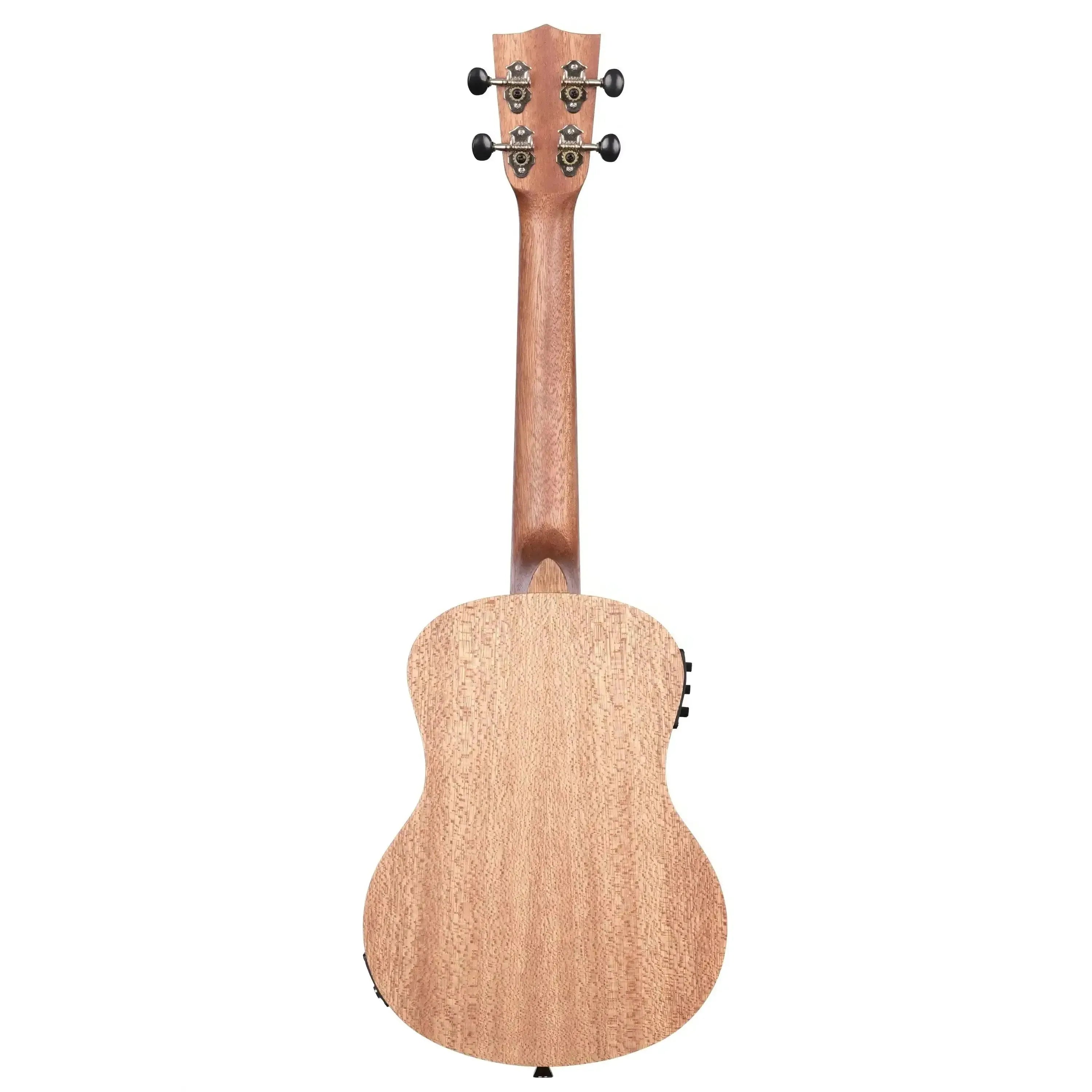Kala KA-20TE Tenor Ukulele, back view, showing light brown burled Meranti wood and tuning pegs.