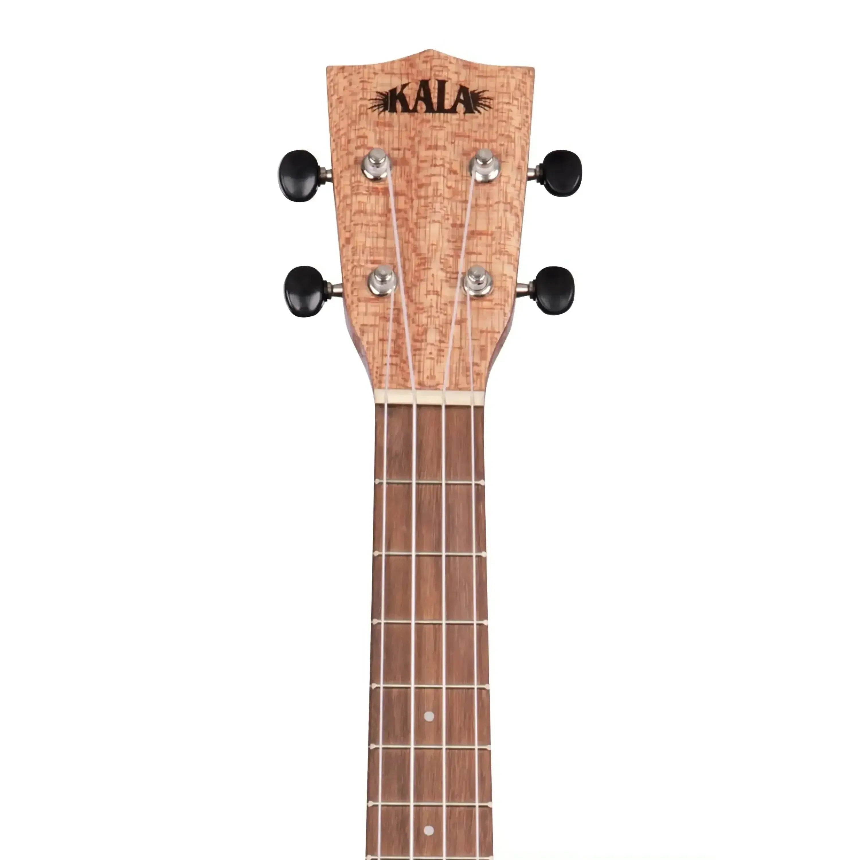 Kala KA-20TE tenor ukulele headstock with burled Meranti wood, black tuning pegs, and KALA logo.
