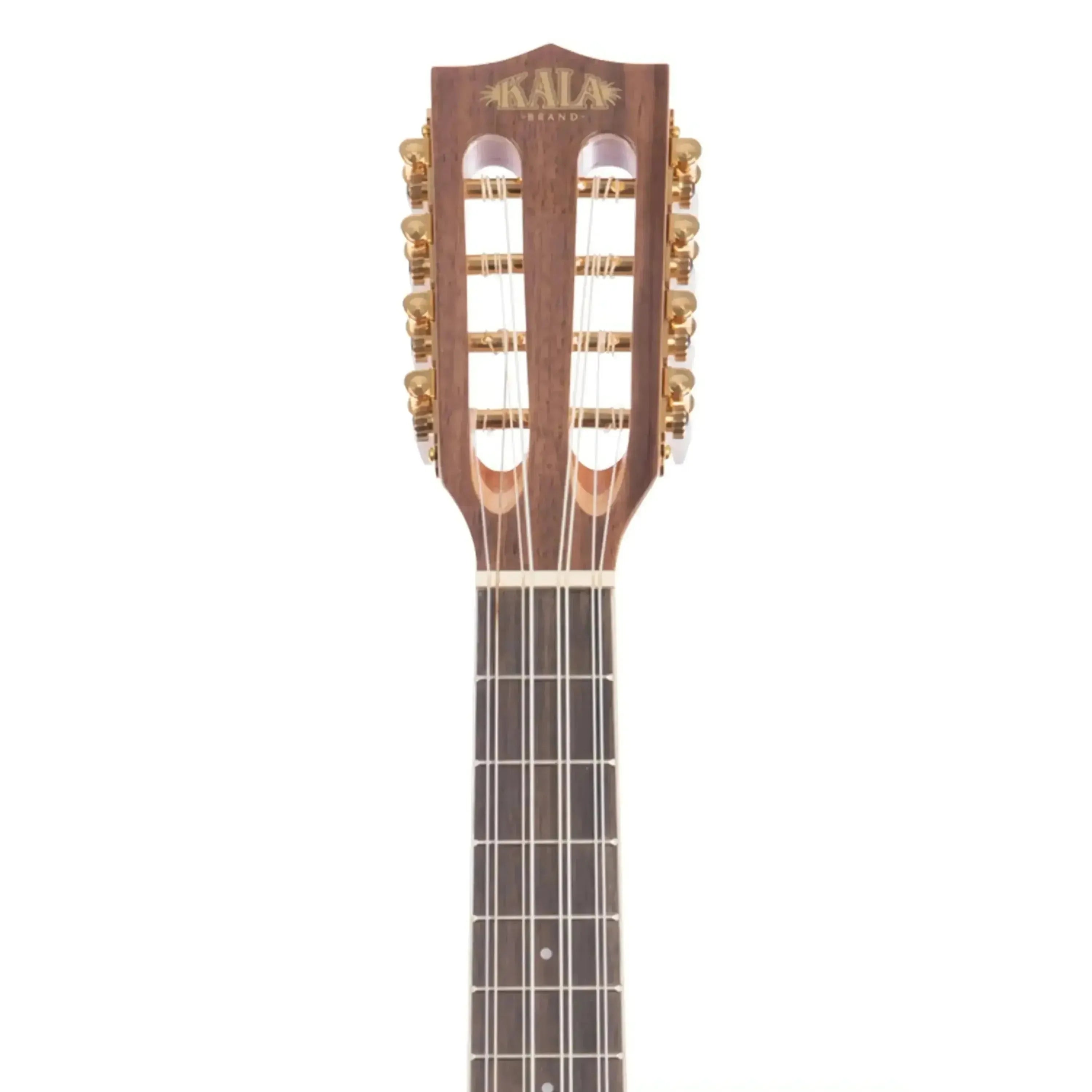 Kala KA-8E 8-string tenor ukulele headstock and neck, showing glossy mahogany finish, gold tuners, and slotted headstock.