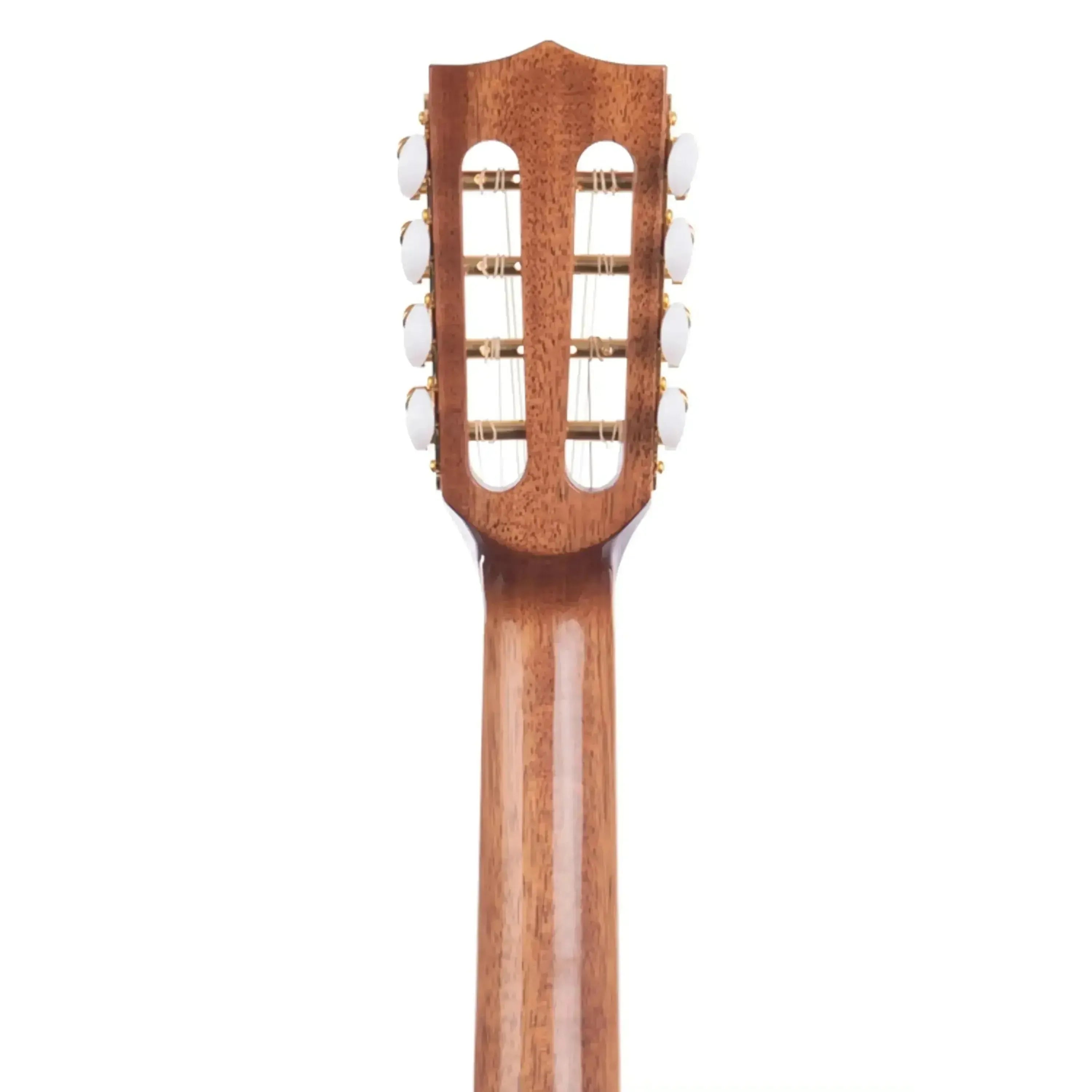 Kala KA-8E 8-string tenor ukulele headstock and neck, showing mahogany wood, slotted headstock, and white tuning pegs.