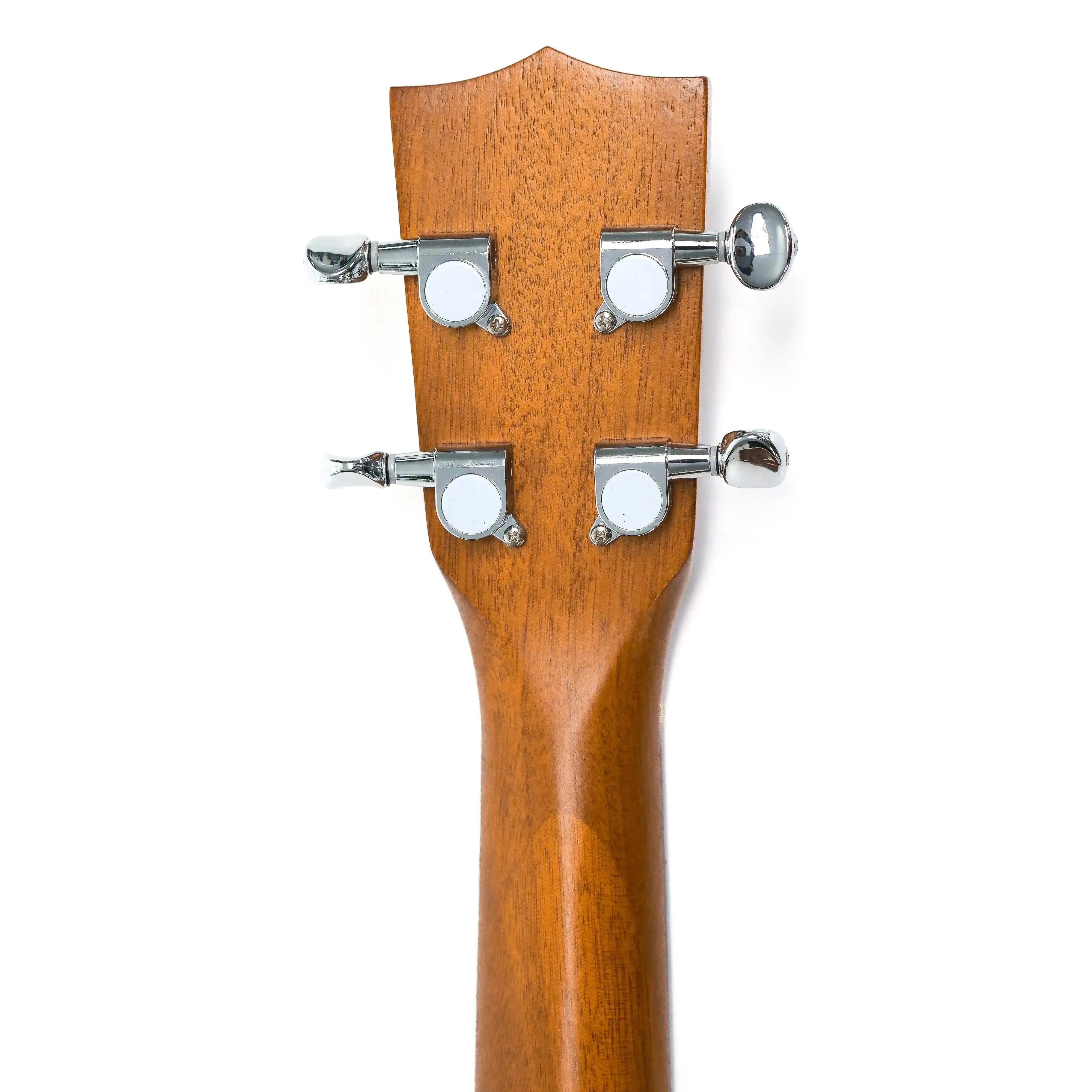 Back of Kala KA-B Baritone Ukulele headstock and neck, showing mahogany wood and chrome tuners.