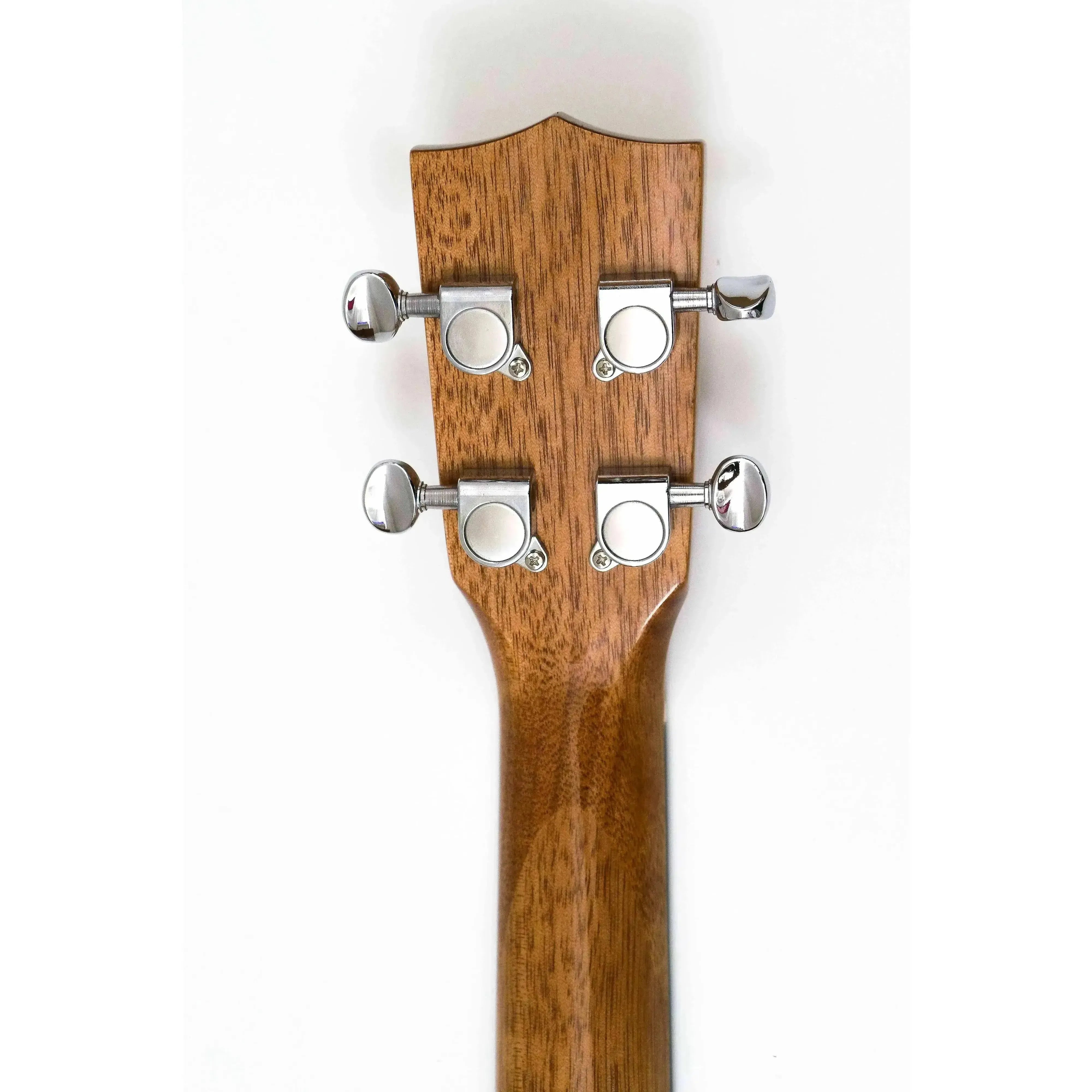 Back of a Kala Gloss Mahogany Baritone Ukulele headstock and neck, showing four chrome tuning pegs.