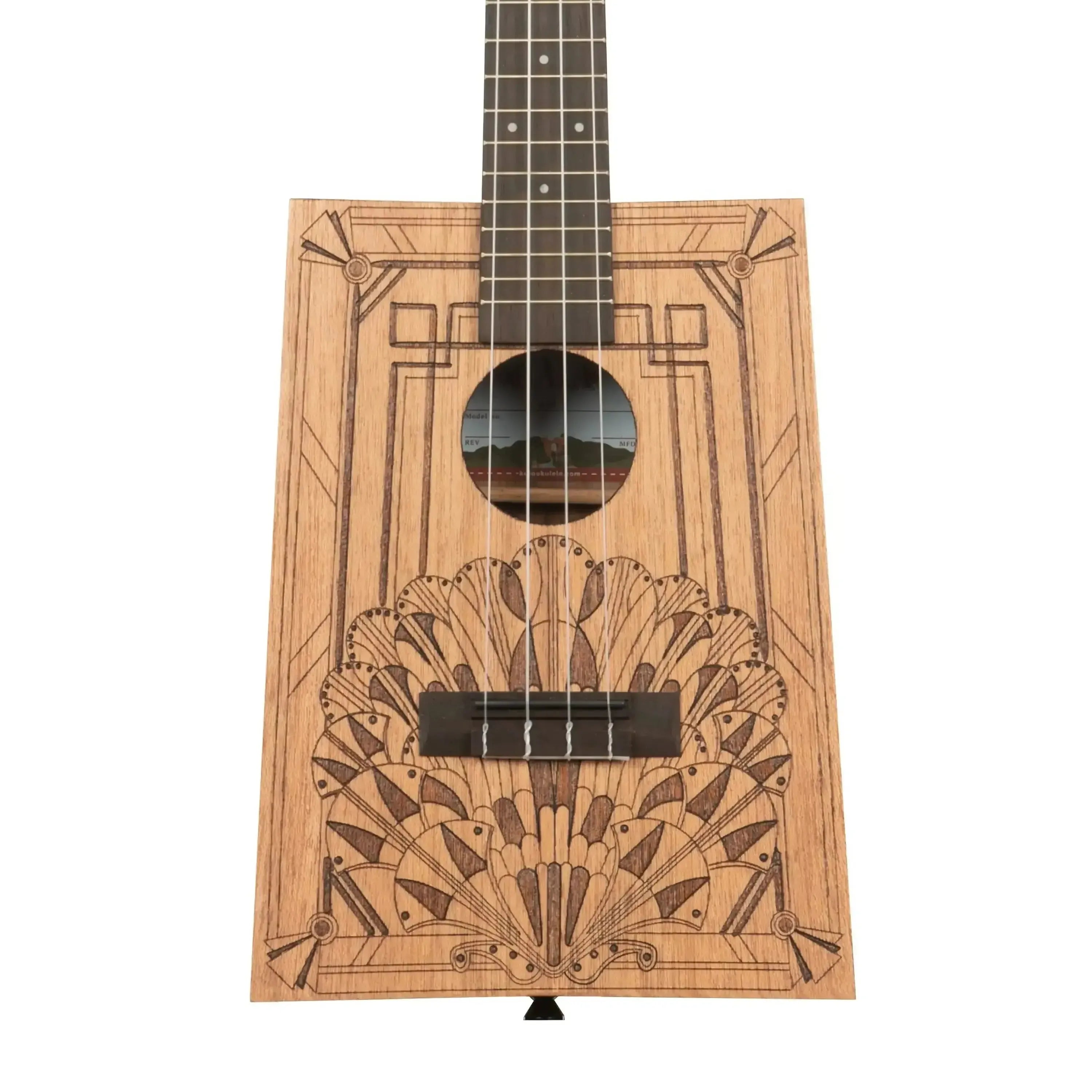 Kala KA-CB-DECO Cigarbox Concert Ukulele with Art Deco laser-etched Meranti wood body.