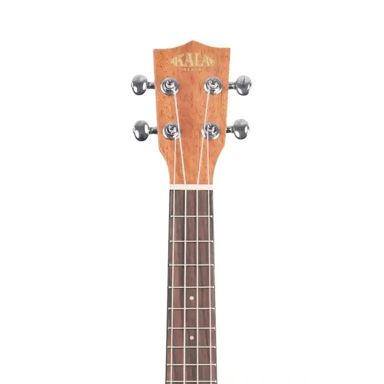 Kala KA-CG Gloss Mahogany Concert Ukulele headstock with rosewood fretboard and chrome tuners.