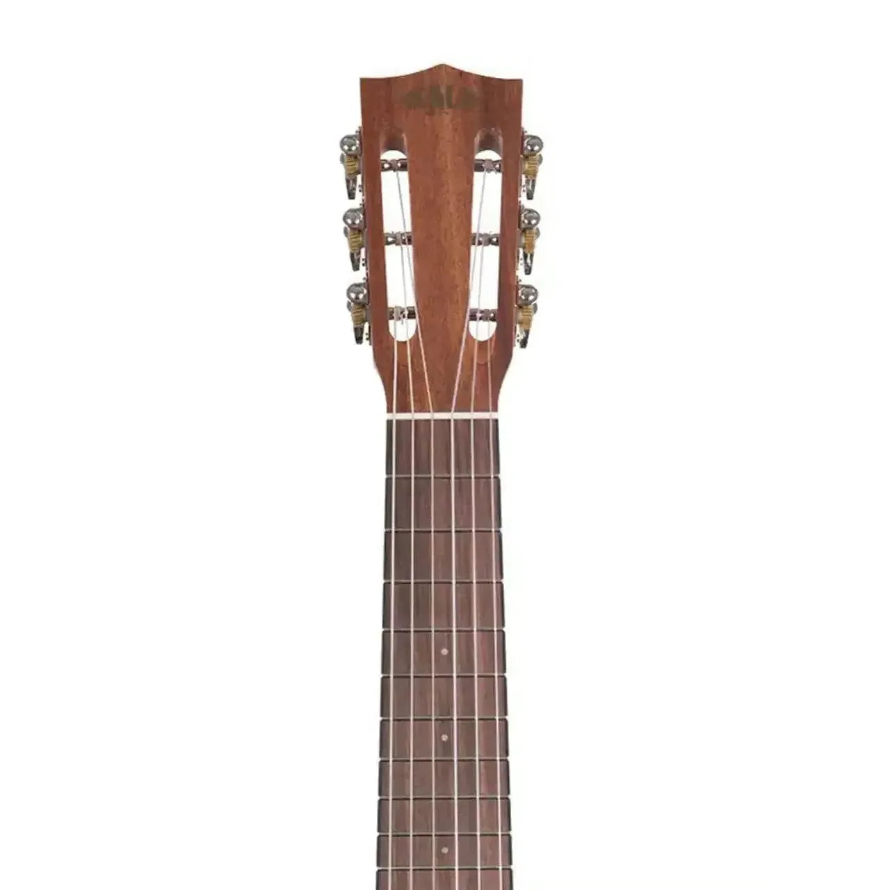 Kala KA-GL mahogany guitarlele headstock and fretboard with slotted headstock and gold tuners.