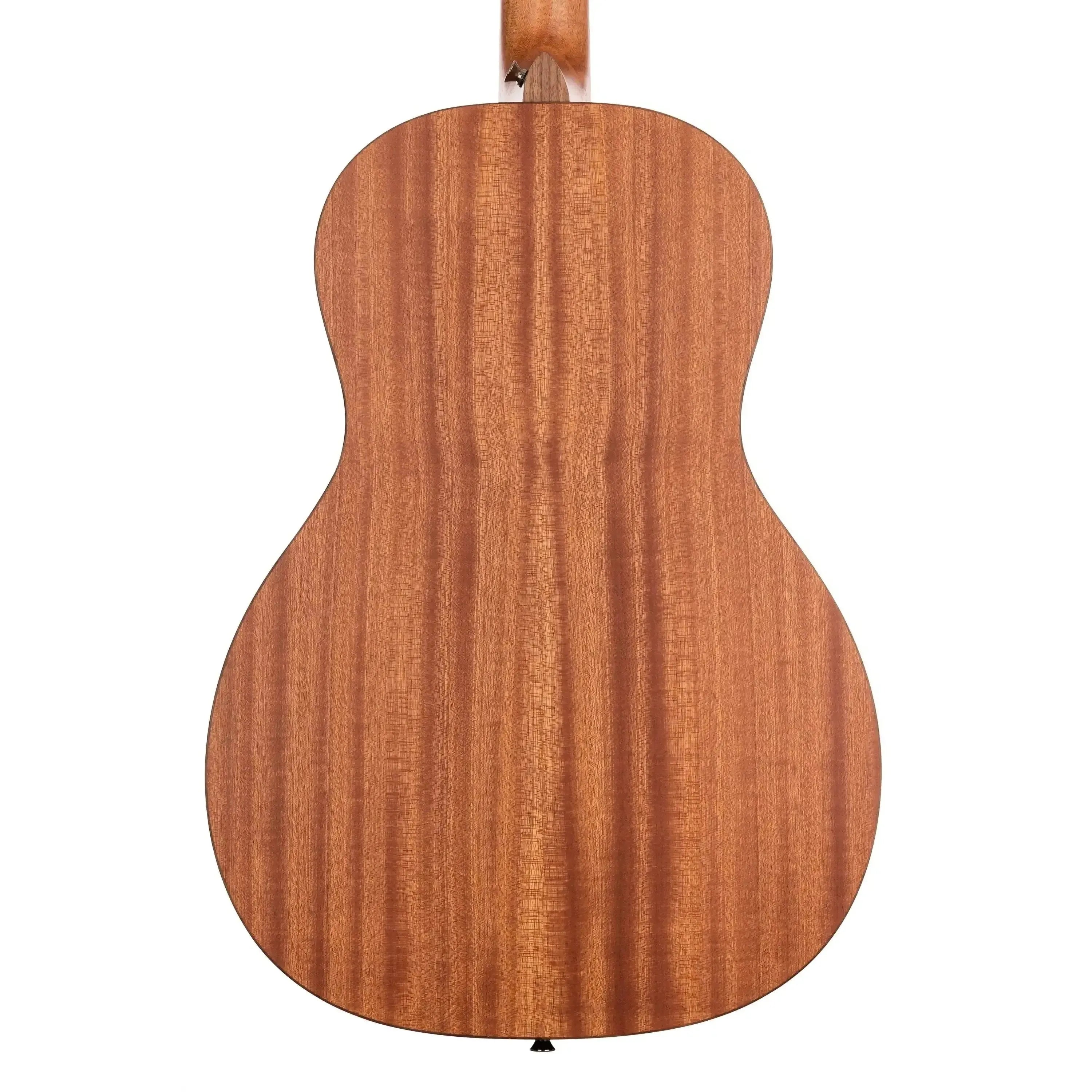 Kala KA-GTR-PLR Parlor Guitar, back view, showing warm mahogany wood grain.