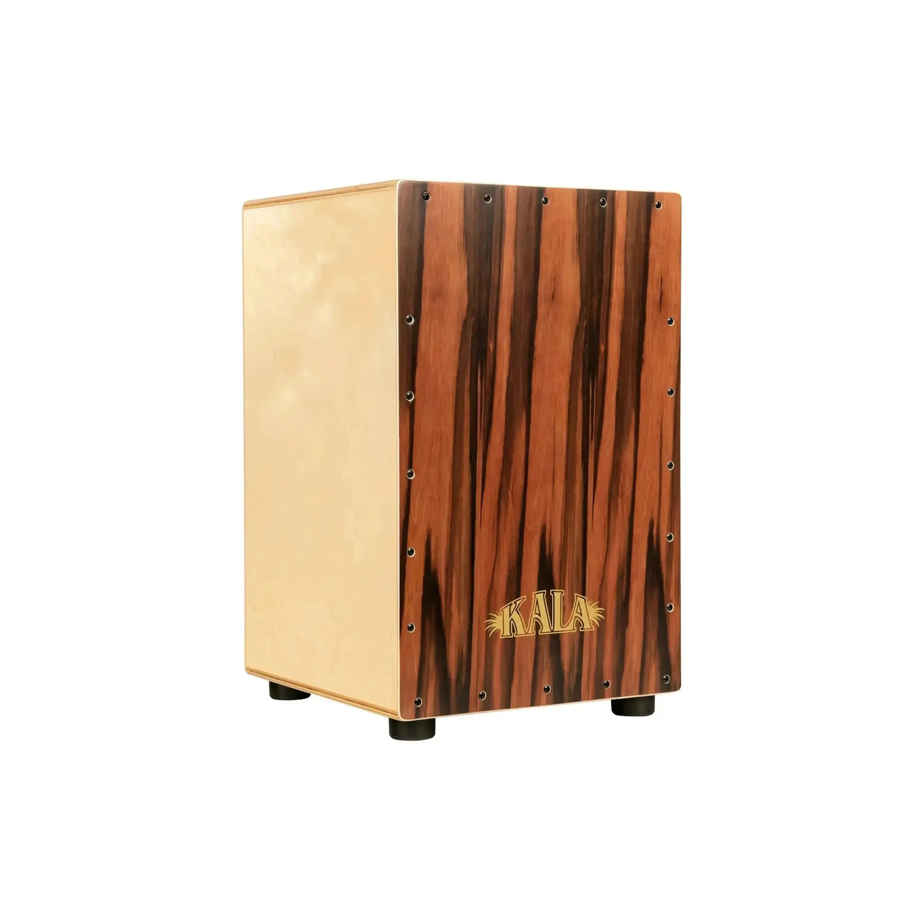 Kala KA-KP-CAJON-EBONY cajon, an 18.5" tall percussion box with a dark ebony wood faceplate and light sides.