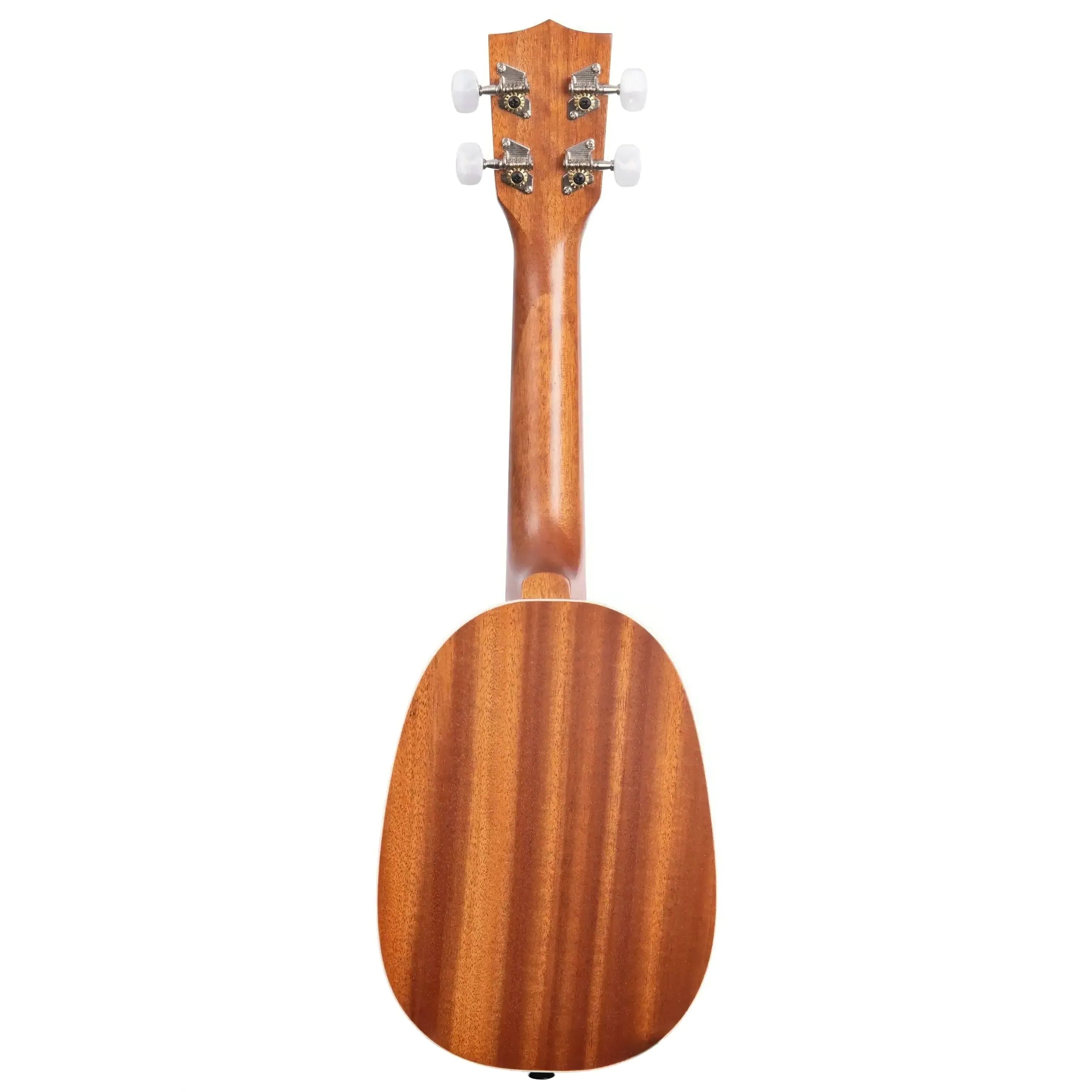 Back of Kala KA-P pineapple soprano ukulele, satin mahogany finish, with white tuning pegs.