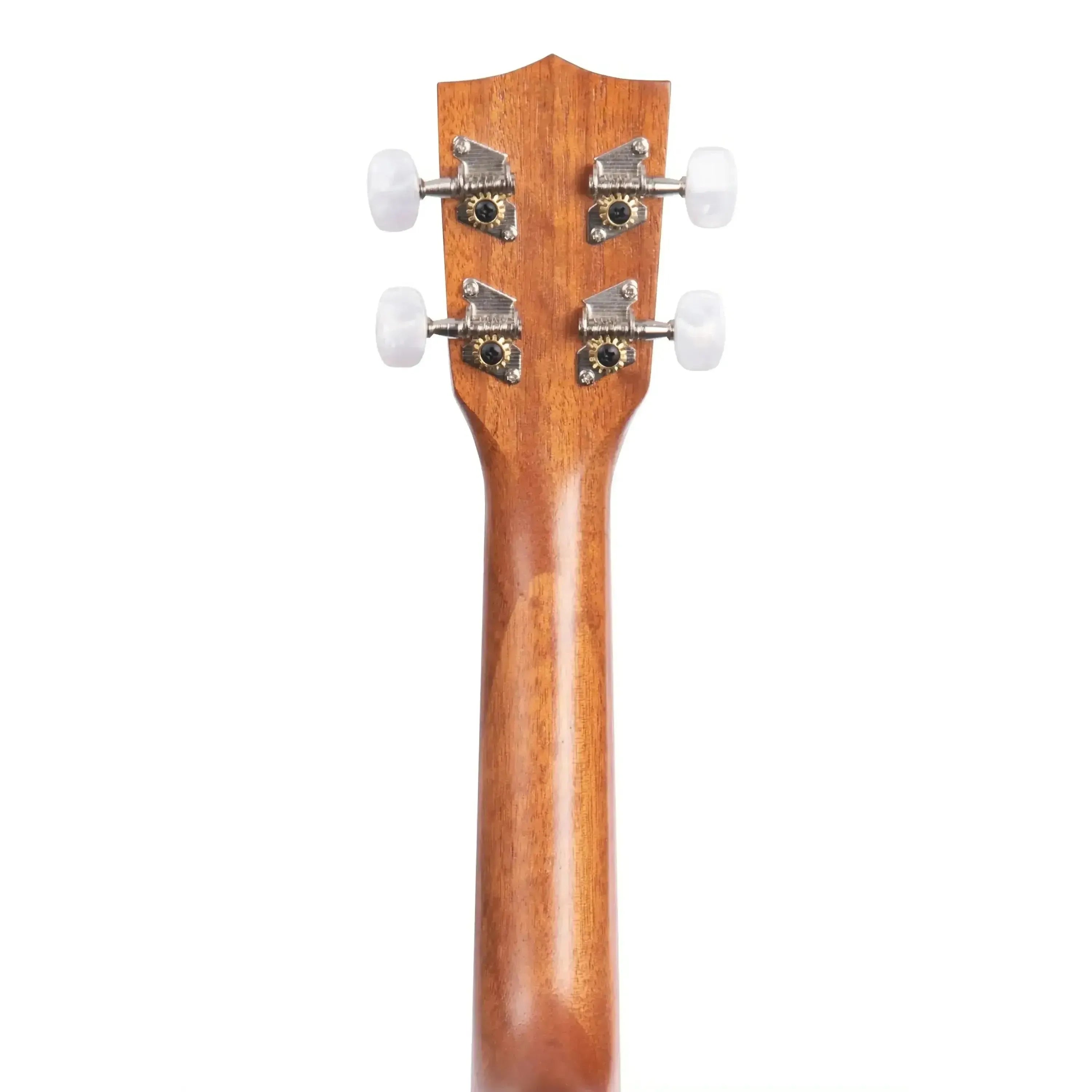 Back of Kala KA-P pineapple soprano ukulele headstock and neck, showing mahogany wood and tuners.