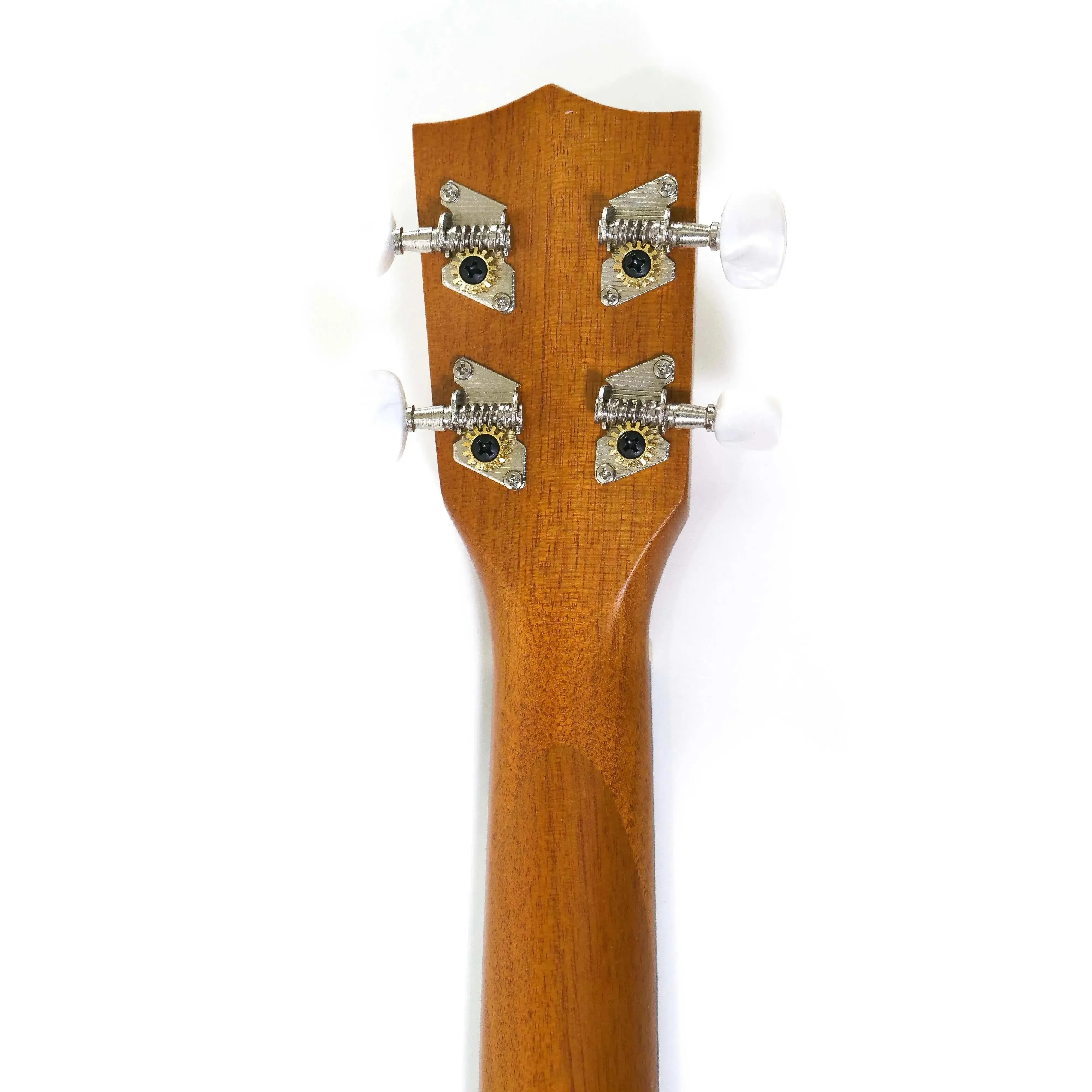 Back of Kala KA-S Soprano Ukulele headstock and mahogany neck with white tuning pegs.
