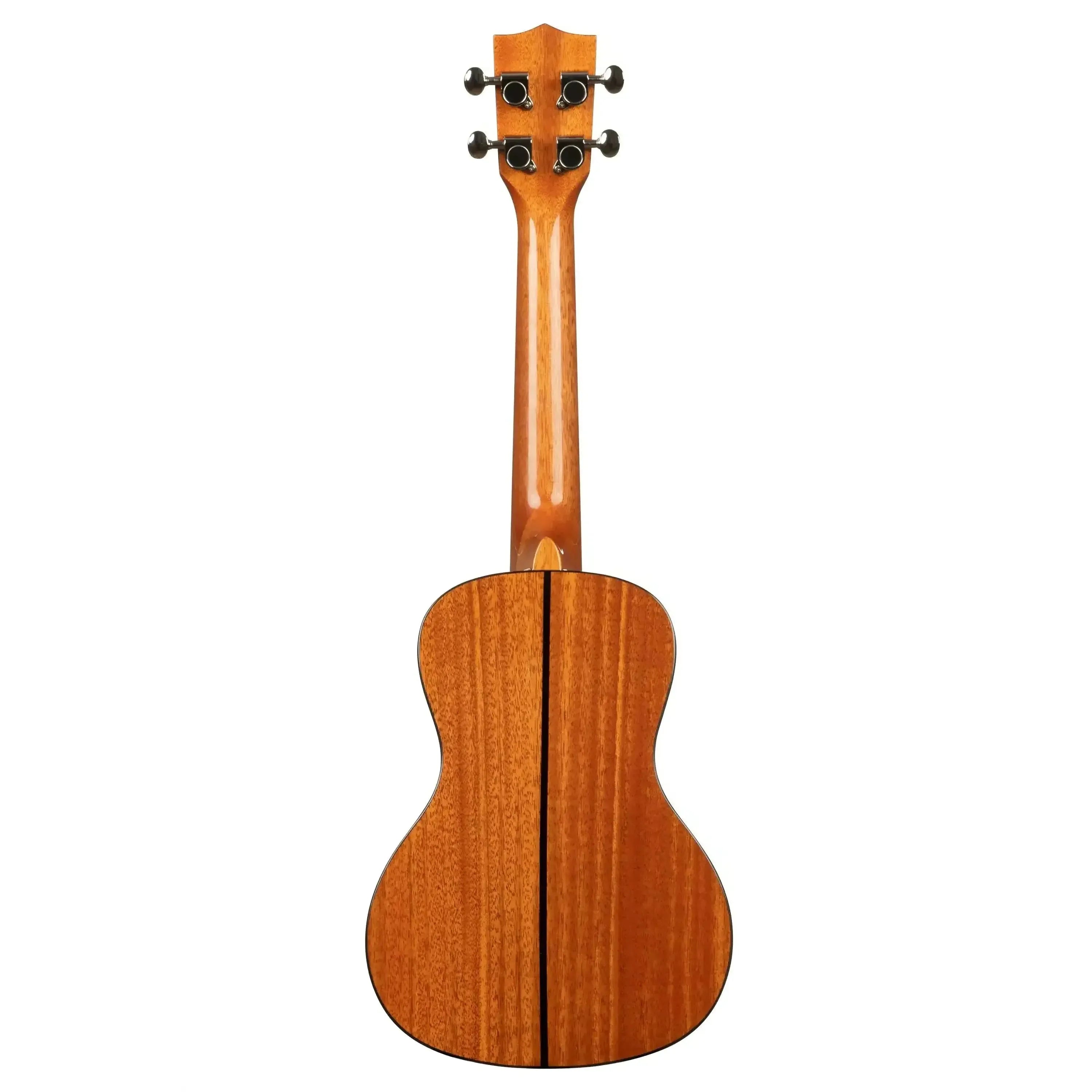 Kala KA-SCG Concert Ukulele, back view, showing mahogany wood grain and tuning pegs.