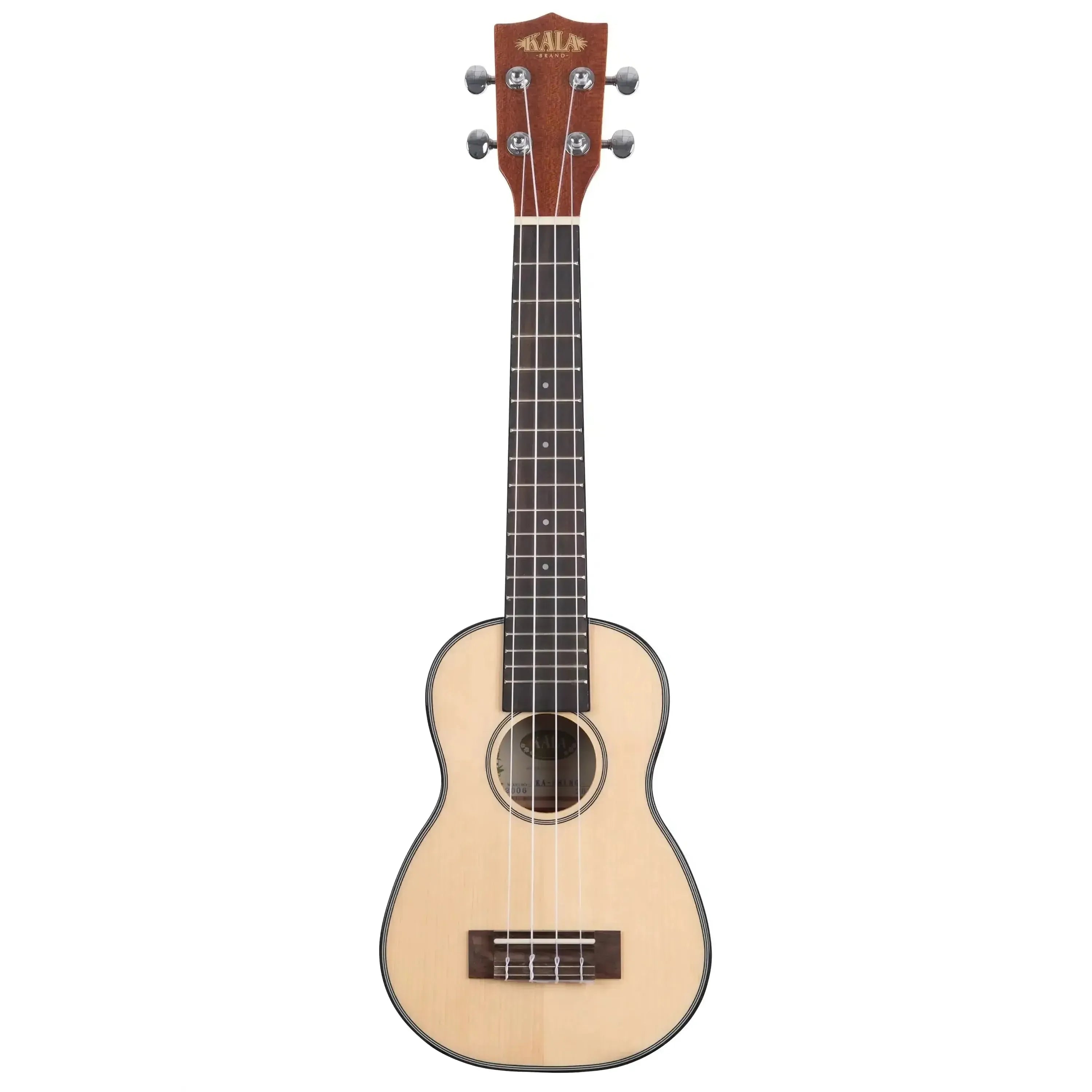 Kala KA-SSLNG longneck soprano ukulele with solid spruce top, mahogany back/sides, and black binding.