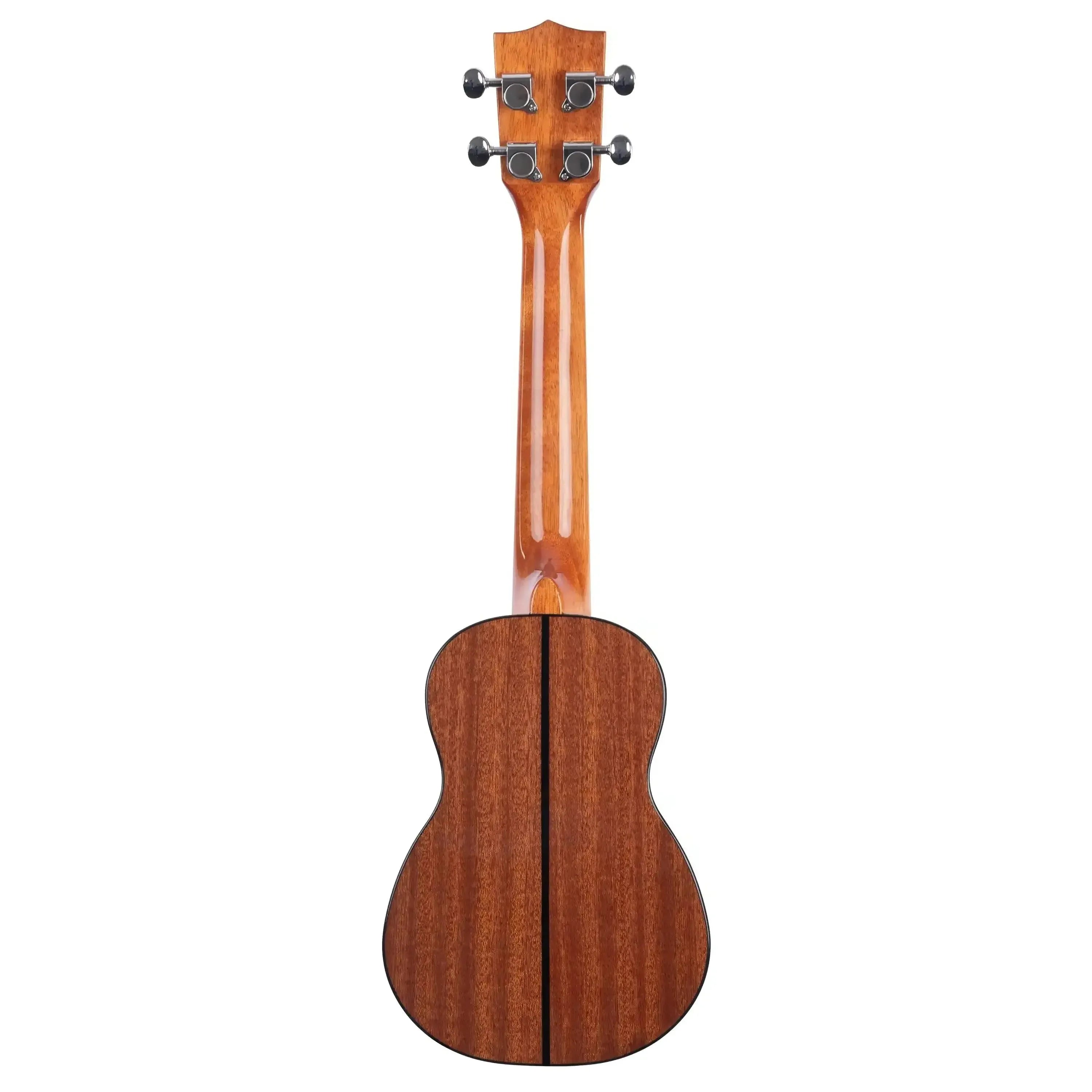 Back of a Kala KA-SSLNG Longneck Soprano Ukulele with mahogany back and neck, high-gloss finish.