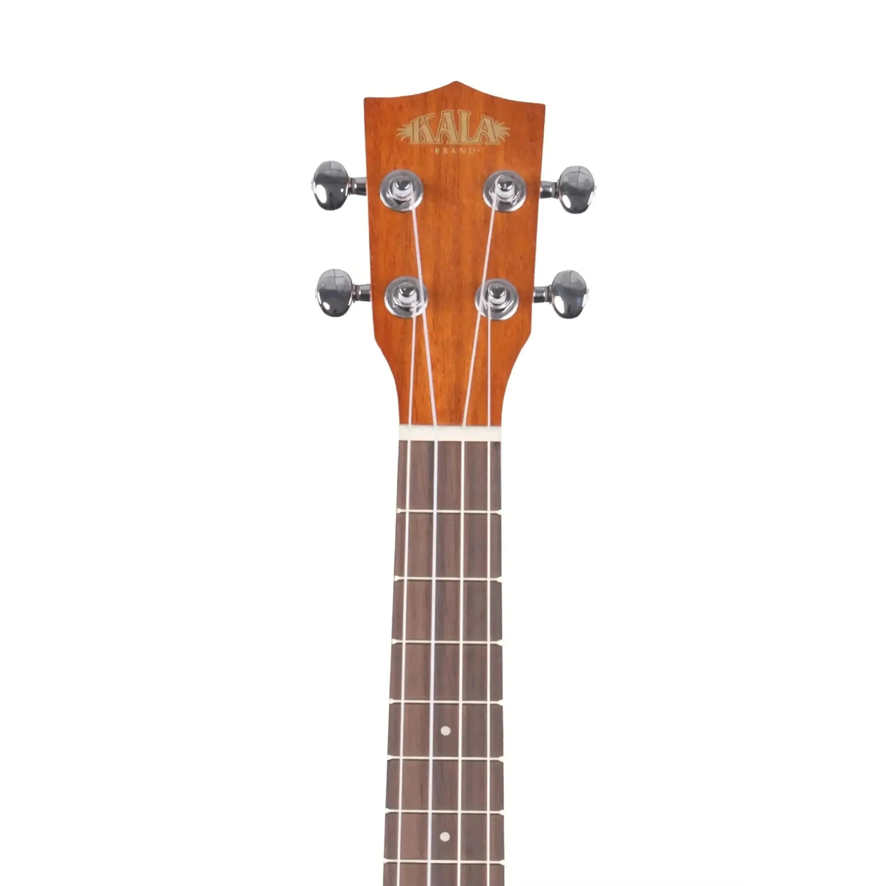 Kala KA-TE tenor ukulele headstock and fretboard, satin mahogany finish with chrome tuners.