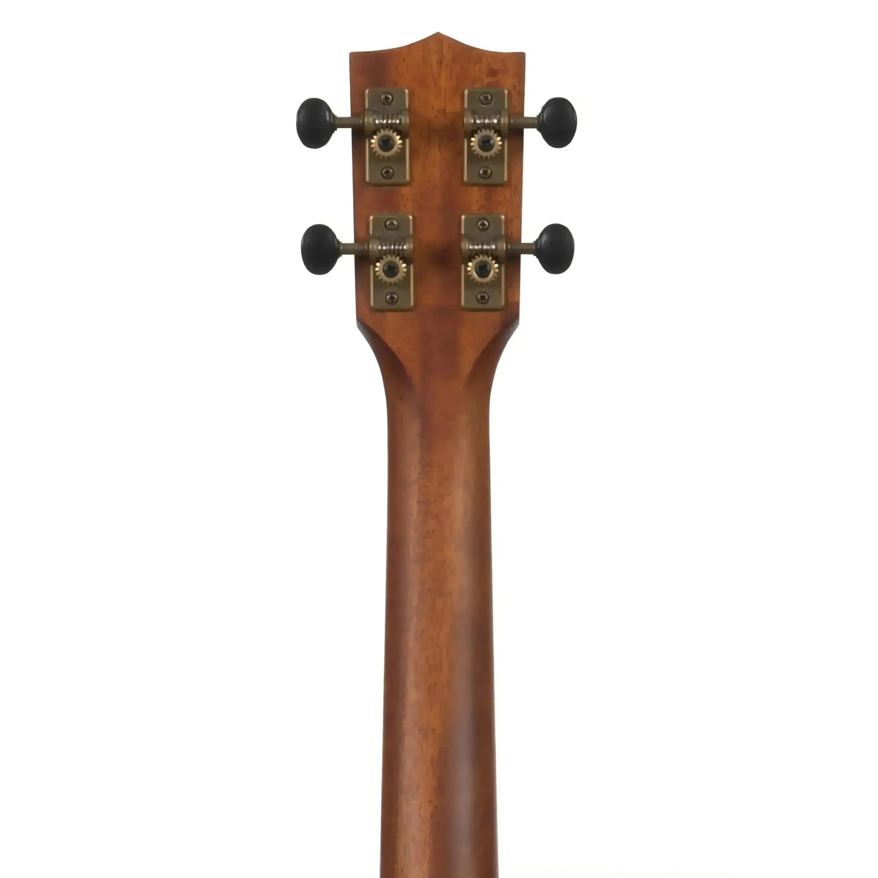 Back of a Kala KOA-C Concert Ukulele headstock and mahogany neck with black tuners.