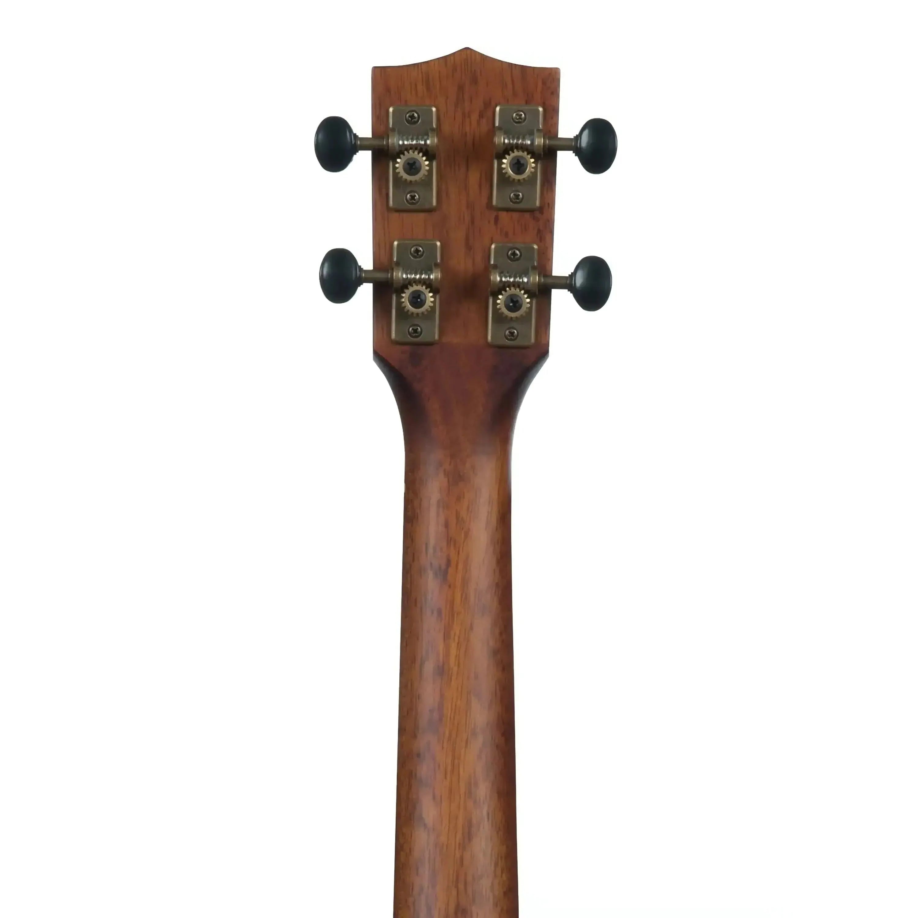 Back of Kala KOA-CE Hawaiian Koa Concert Ukulele headstock and mahogany neck with vintage-style tuners.