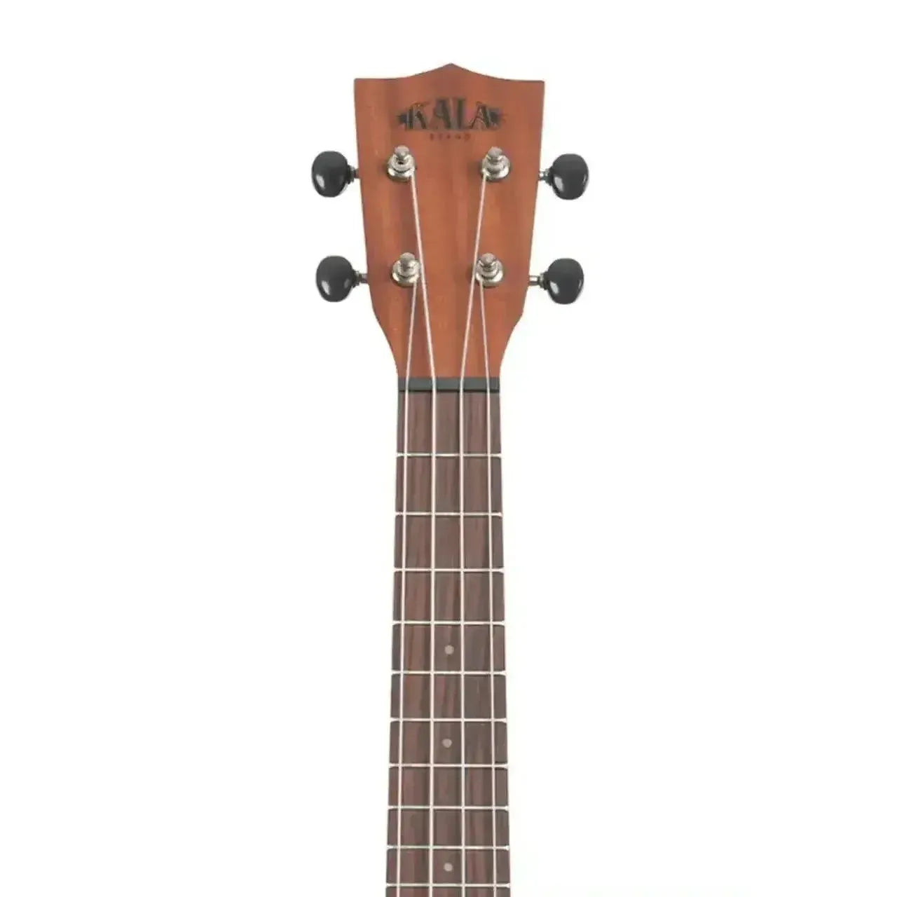 Kala Concert Ukulele headstock with mahogany finish, black tuning pegs, and fretboard.