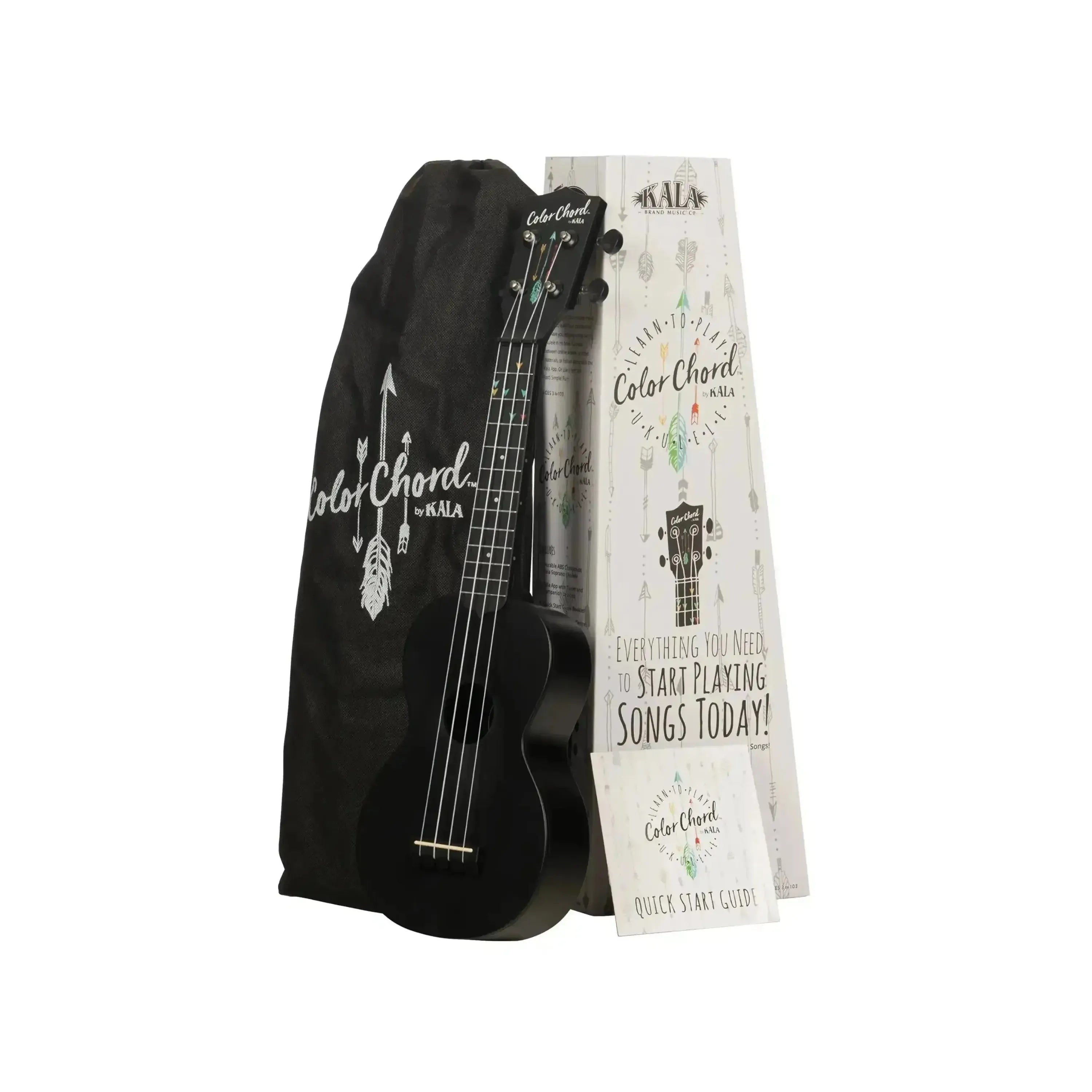 Kala Learn To Play Soprano Ukulele Starter Kit with black ukulele, tote bag, and quick start guide.
