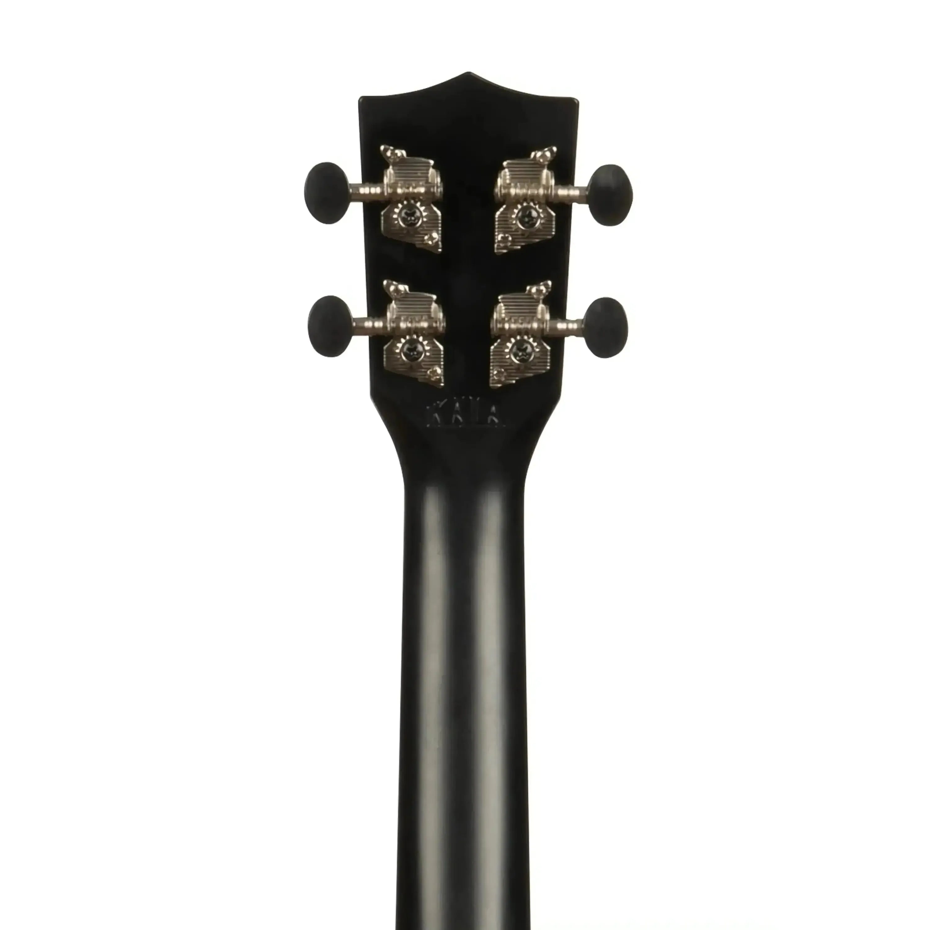 Kala Soprano Ukulele headstock and neck, black matte finish, with four silver tuning pegs.