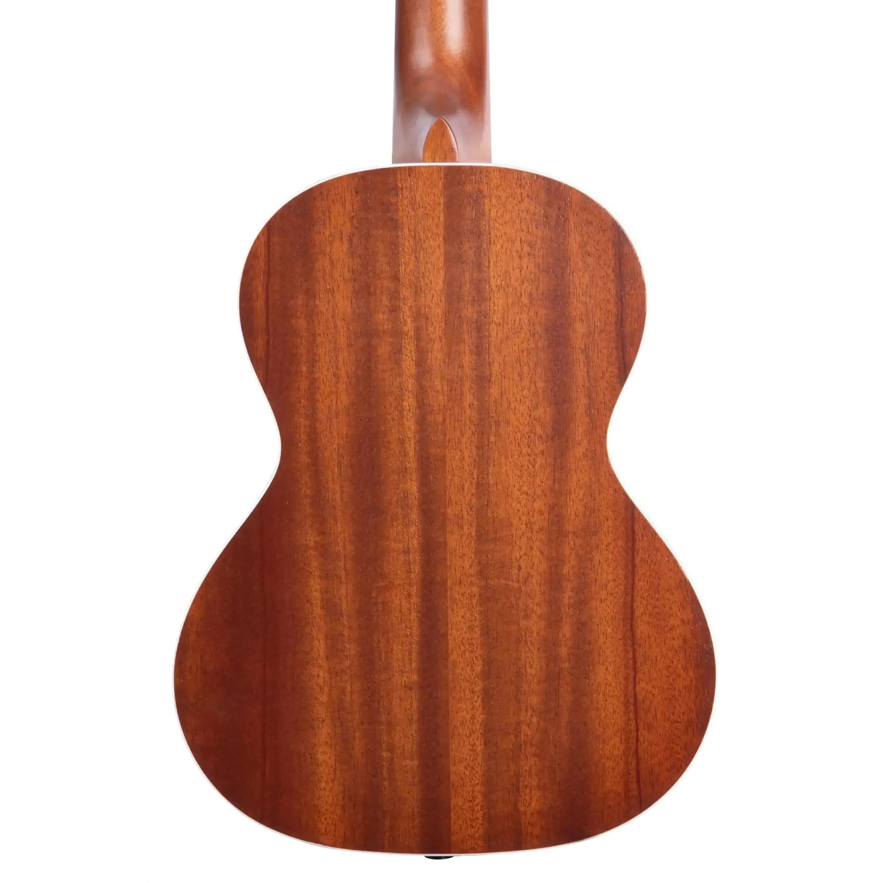Back of a Kala Mandy Harvey tenor ukulele, showing its mahogany laminate wood grain and satin finish.