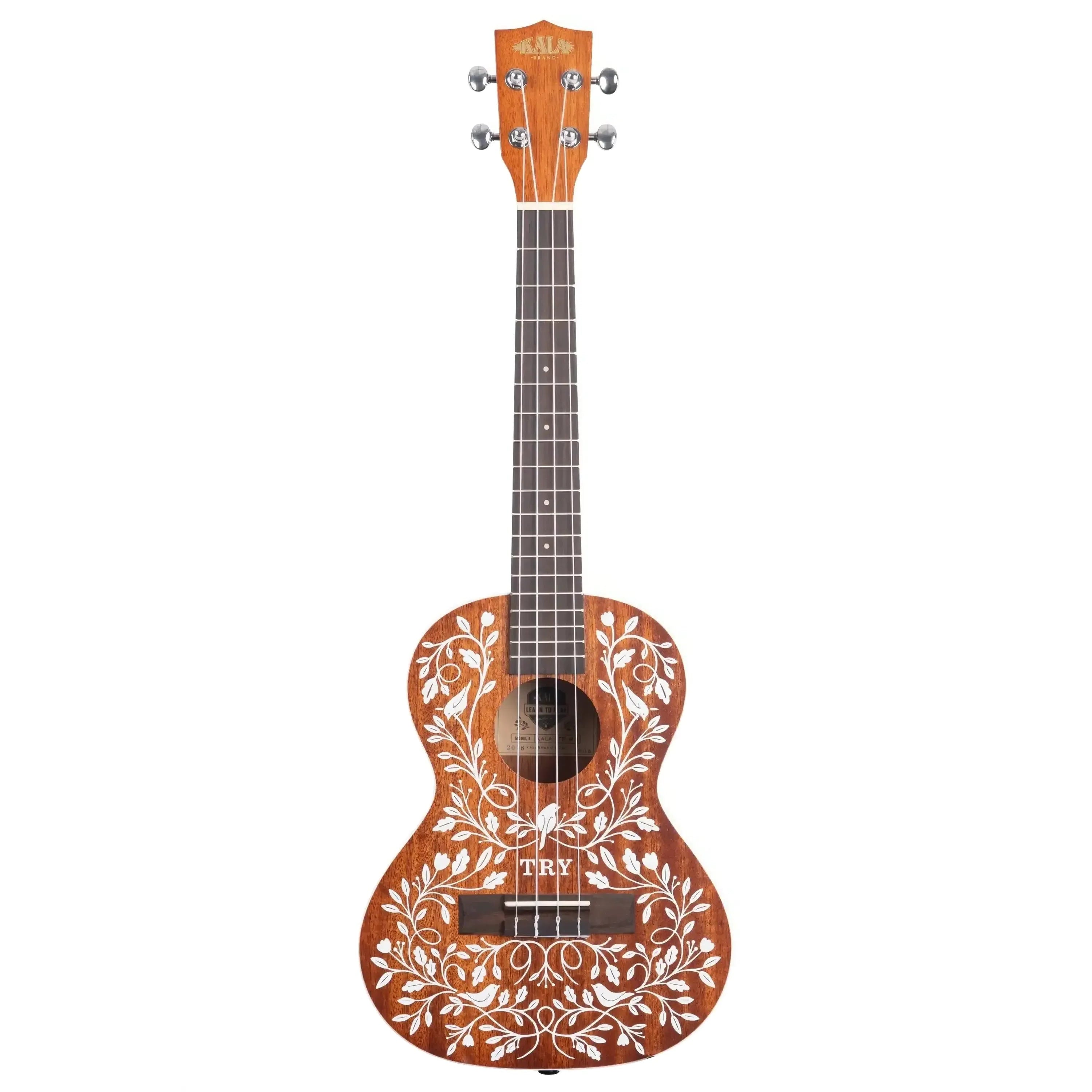 Kala Mandy Harvey tenor ukulele with mahogany body, white floral design, and "TRY" text.