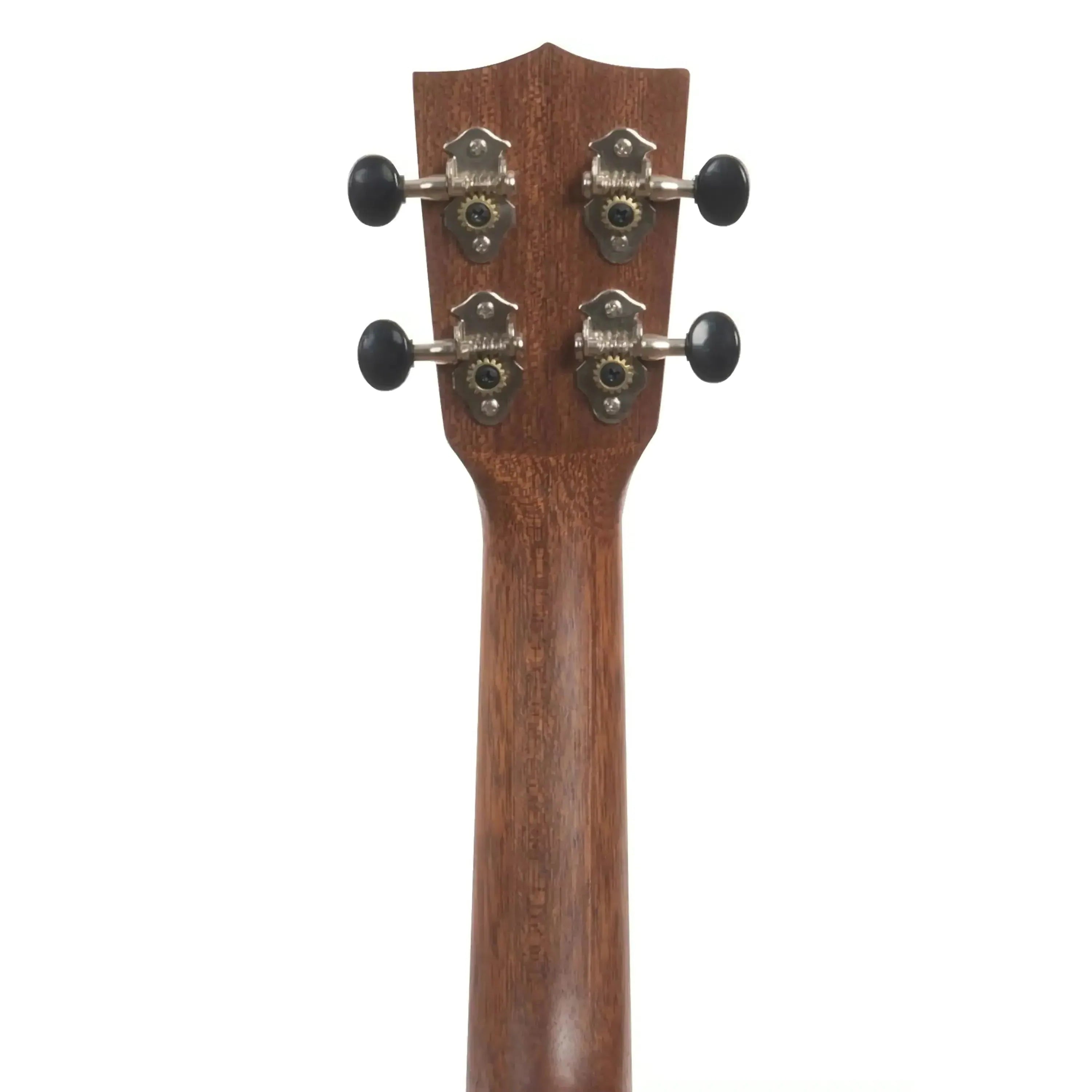 Kala Soprano Ukulele mahogany neck and headstock with four black tuning pegs.