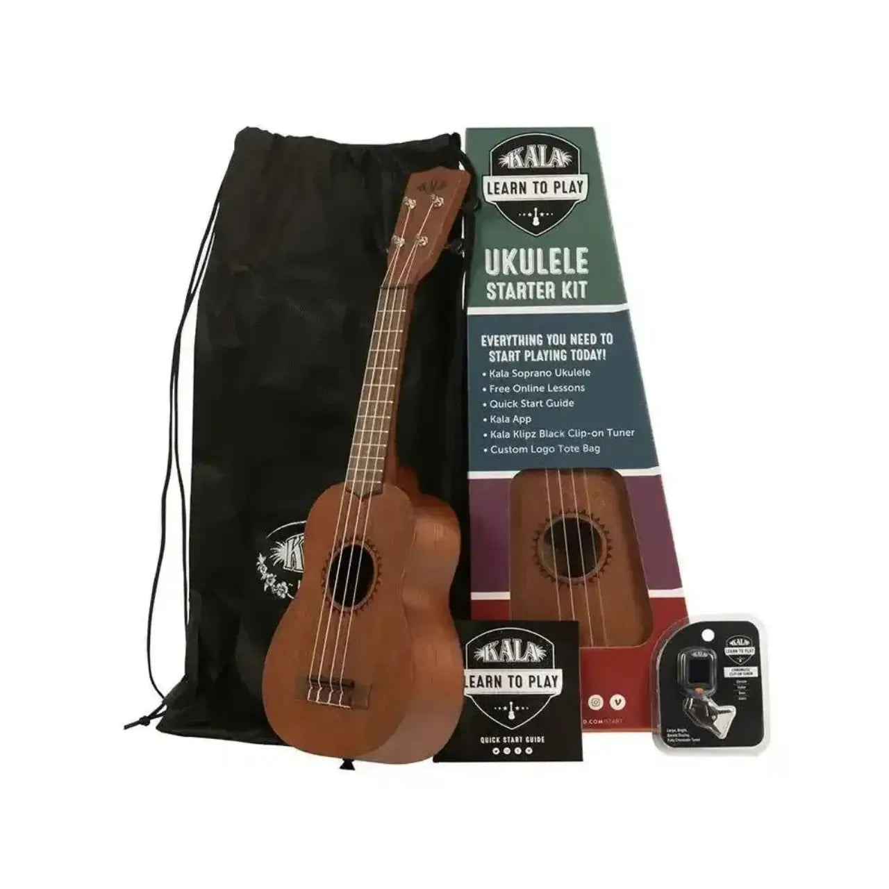Kala Learn To Play Meranti Soprano Ukulele Starter Kit with tote bag, tuner, and box.