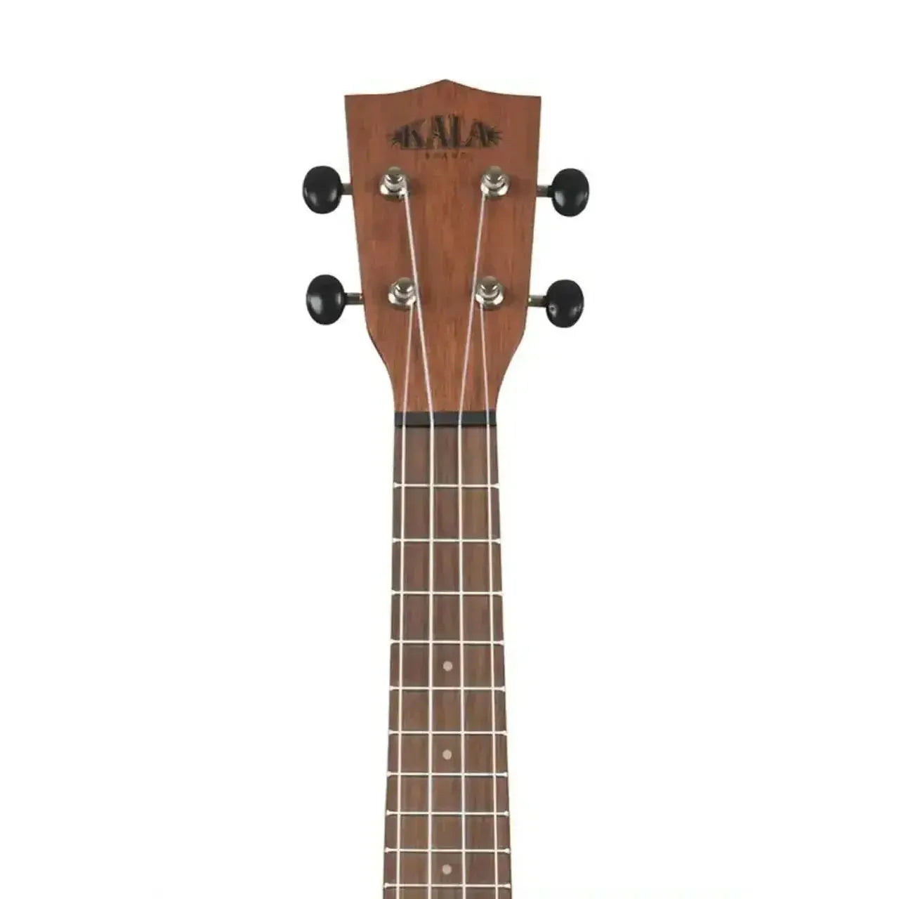 Kala Soprano Ukulele headstock with meranti wood, black tuning pegs, and Aquila Super Nylgut strings.