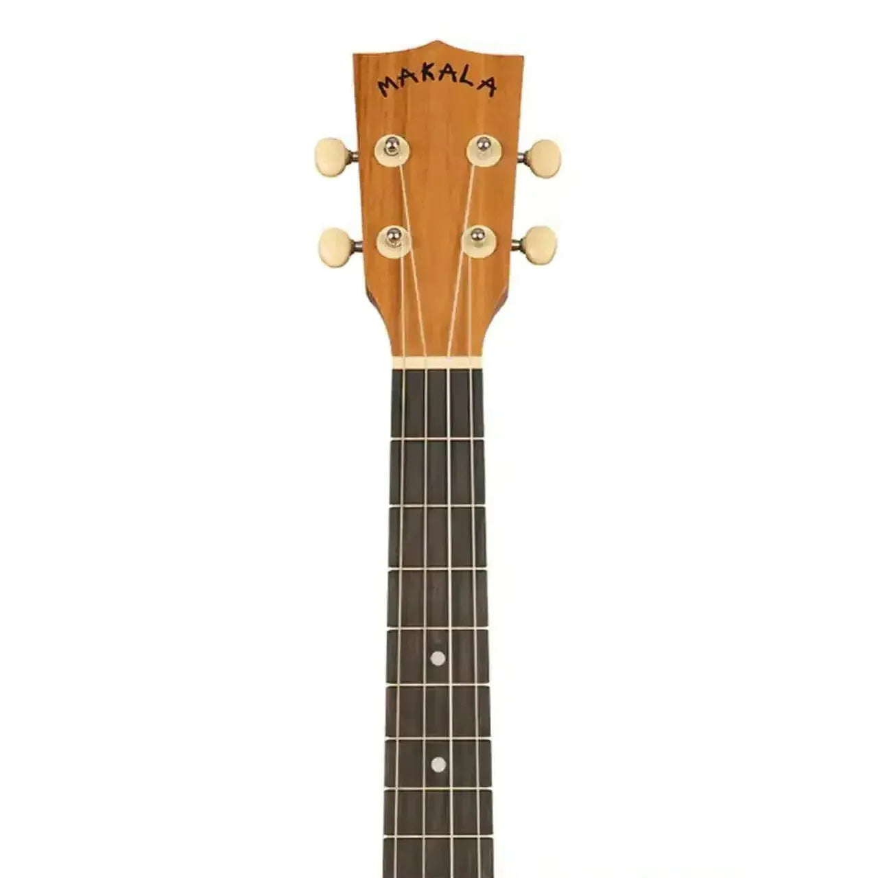 Makala Indonesian Acacia Baritone Ukulele headstock with light wood, "MAKALA" logo, and cream tuners.