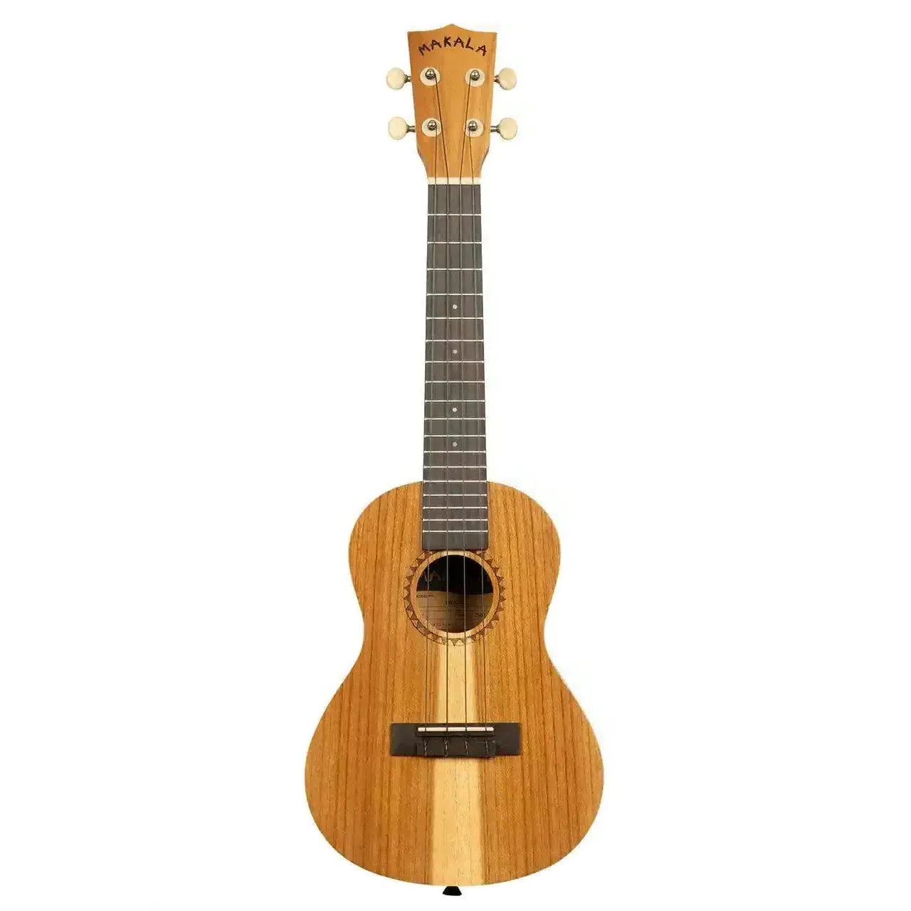 Makala Indonesian Acacia Concert Ukulele with light wood grain and dark fretboard.