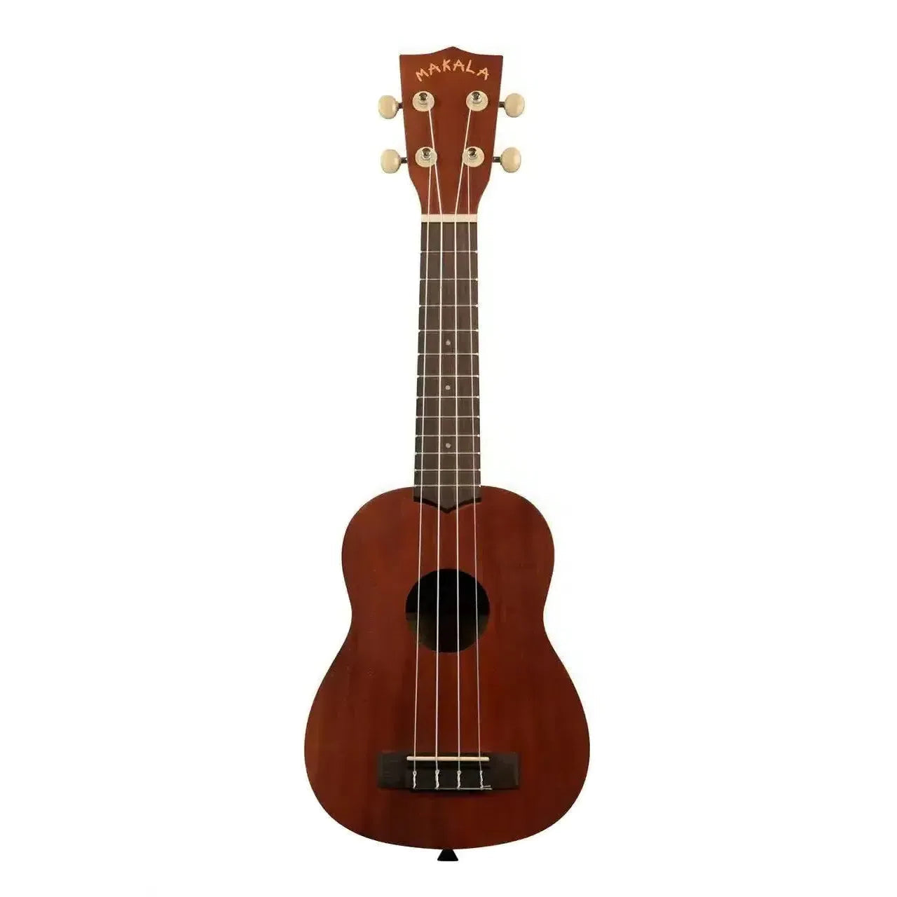 Kala Makala MK-S mahogany soprano ukulele with a dark wood body, black soundhole, and white tuning pegs.