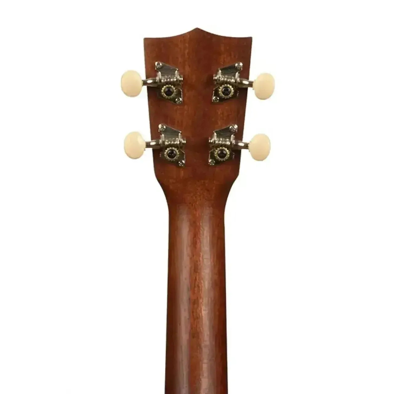 Kala Makala MK-S soprano ukulele headstock and neck, showing mahogany wood and four cream tuning pegs.
