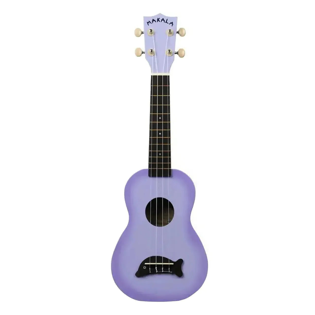 Makala Purple Burst Dolphin Soprano Ukulele with a dolphin-shaped bridge.