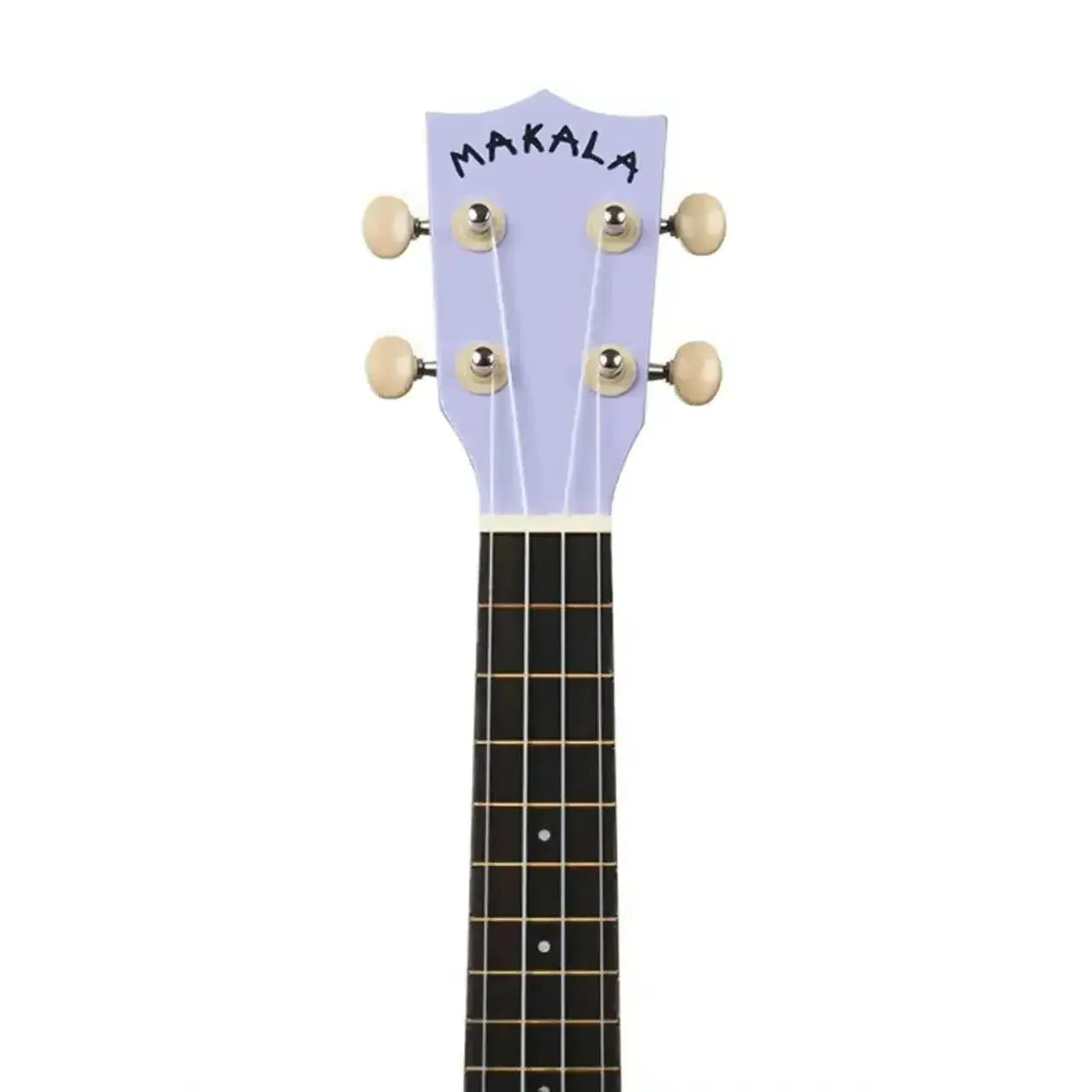 Makala ukulele headstock and fretboard in purple burst with cream tuning pegs.