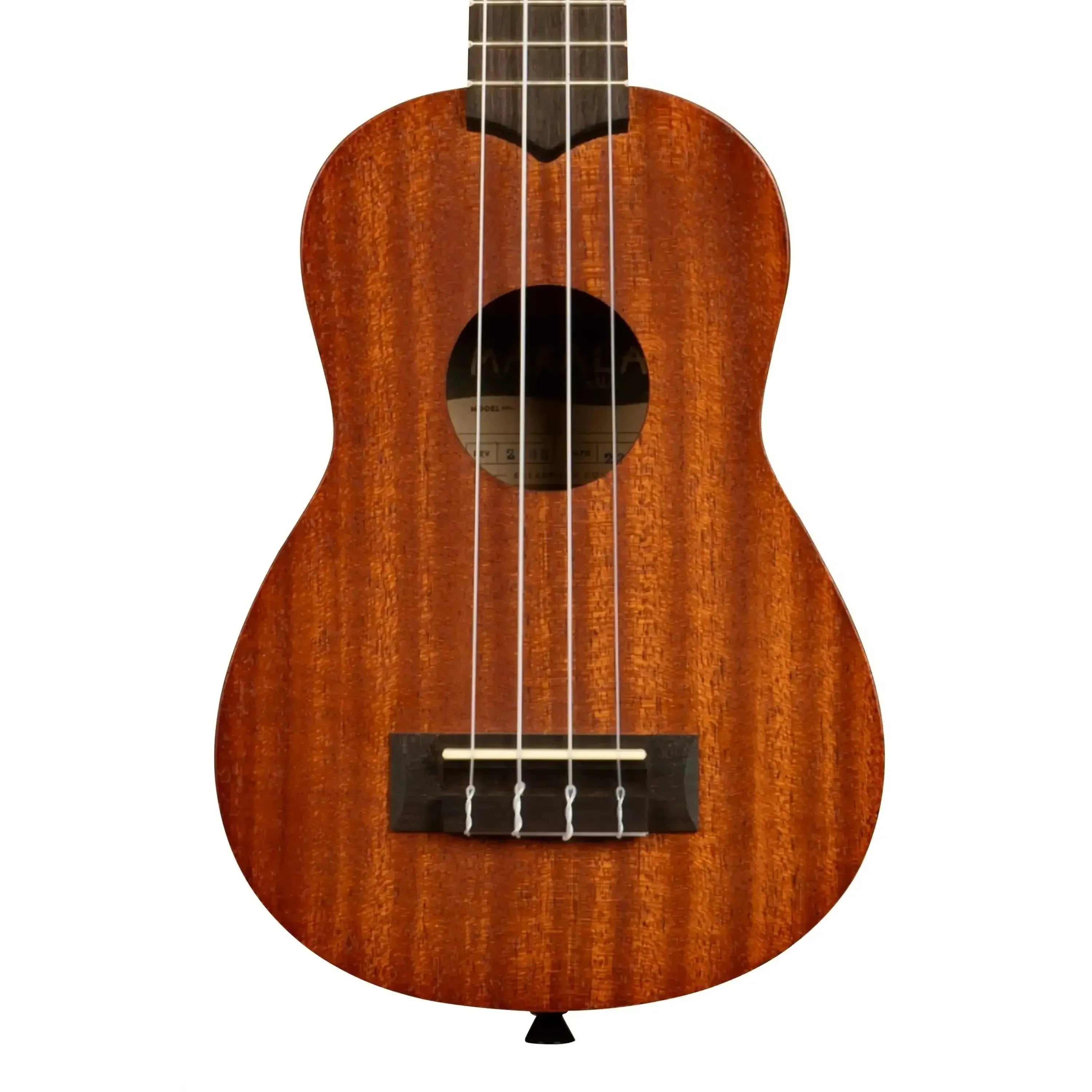 Kala Makala MK-S/PACK mahogany soprano ukulele with dark wood fretboard and black bridge.