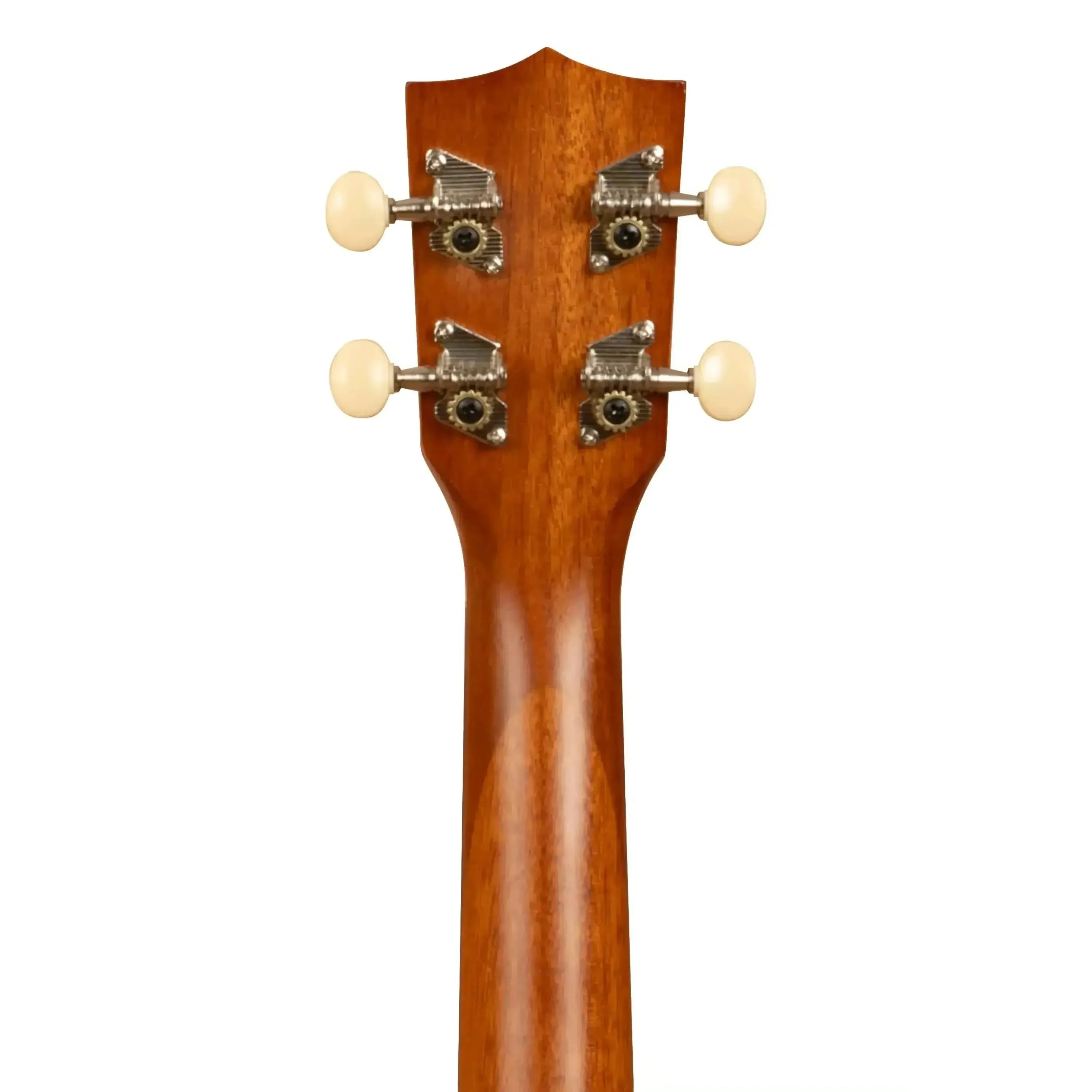 Kala Makala MK-S/PACK mahogany soprano ukulele headstock with four cream tuning pegs.