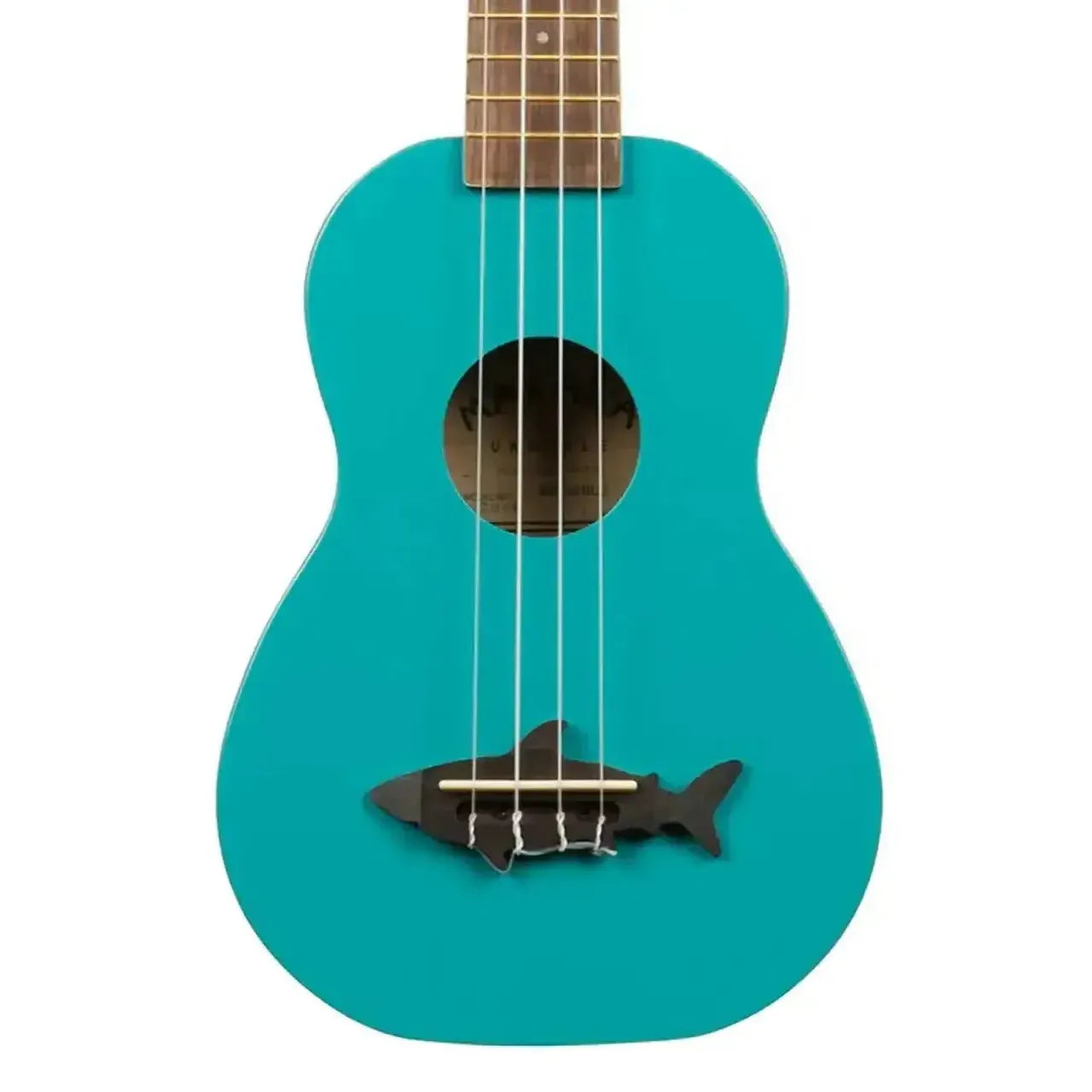 Kala Makala Mako Blue Shark Soprano Ukulele with a teal body and black shark-shaped bridge.