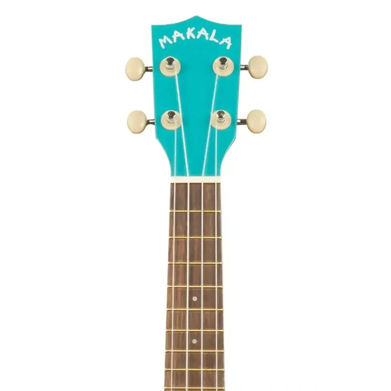 Makala Mako Blue Shark Soprano Ukulele headstock with "MAKALA" logo, blue finish, and tuning pegs.
