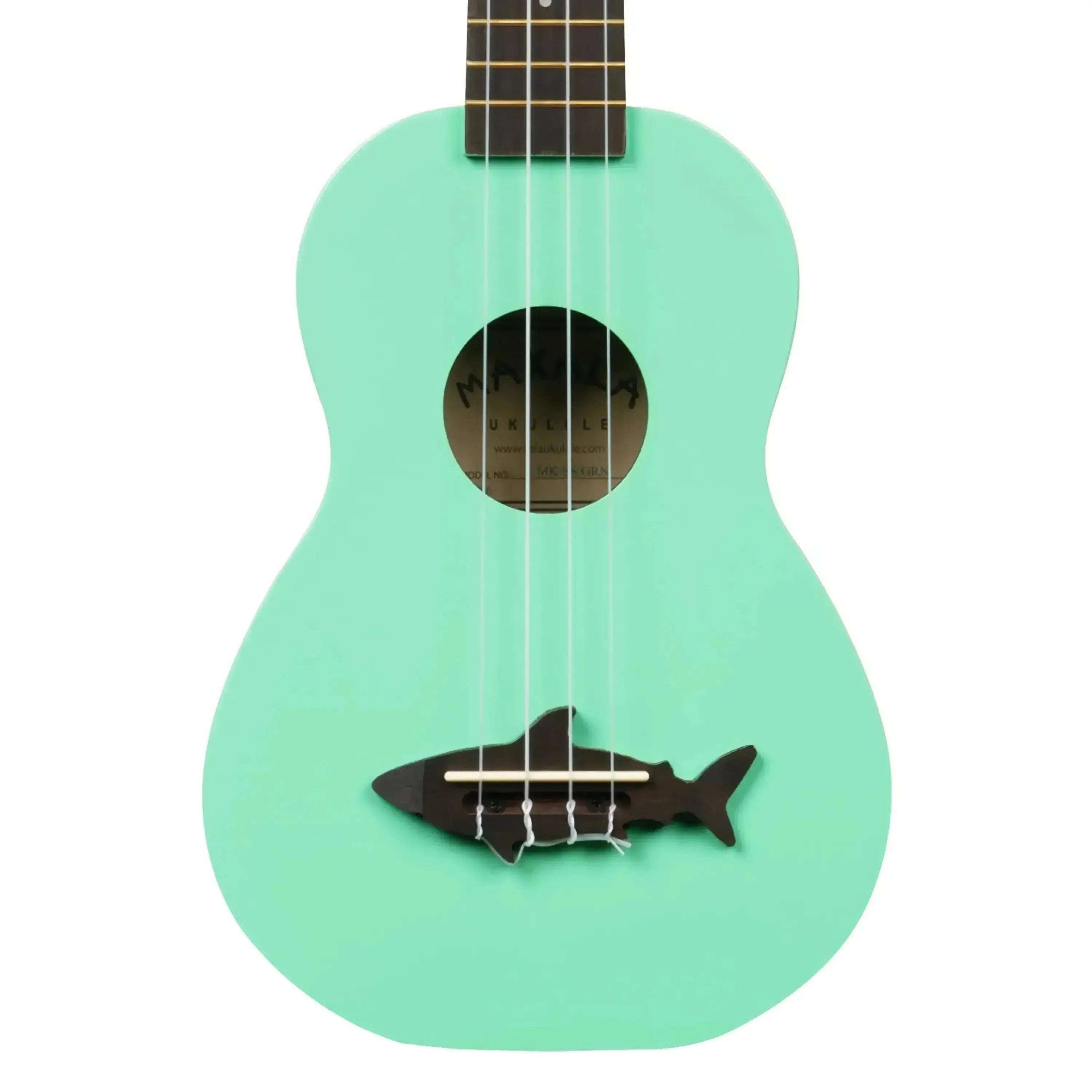 Kala Makala Surf Green Shark Soprano Ukulele with a shark-shaped bridge.