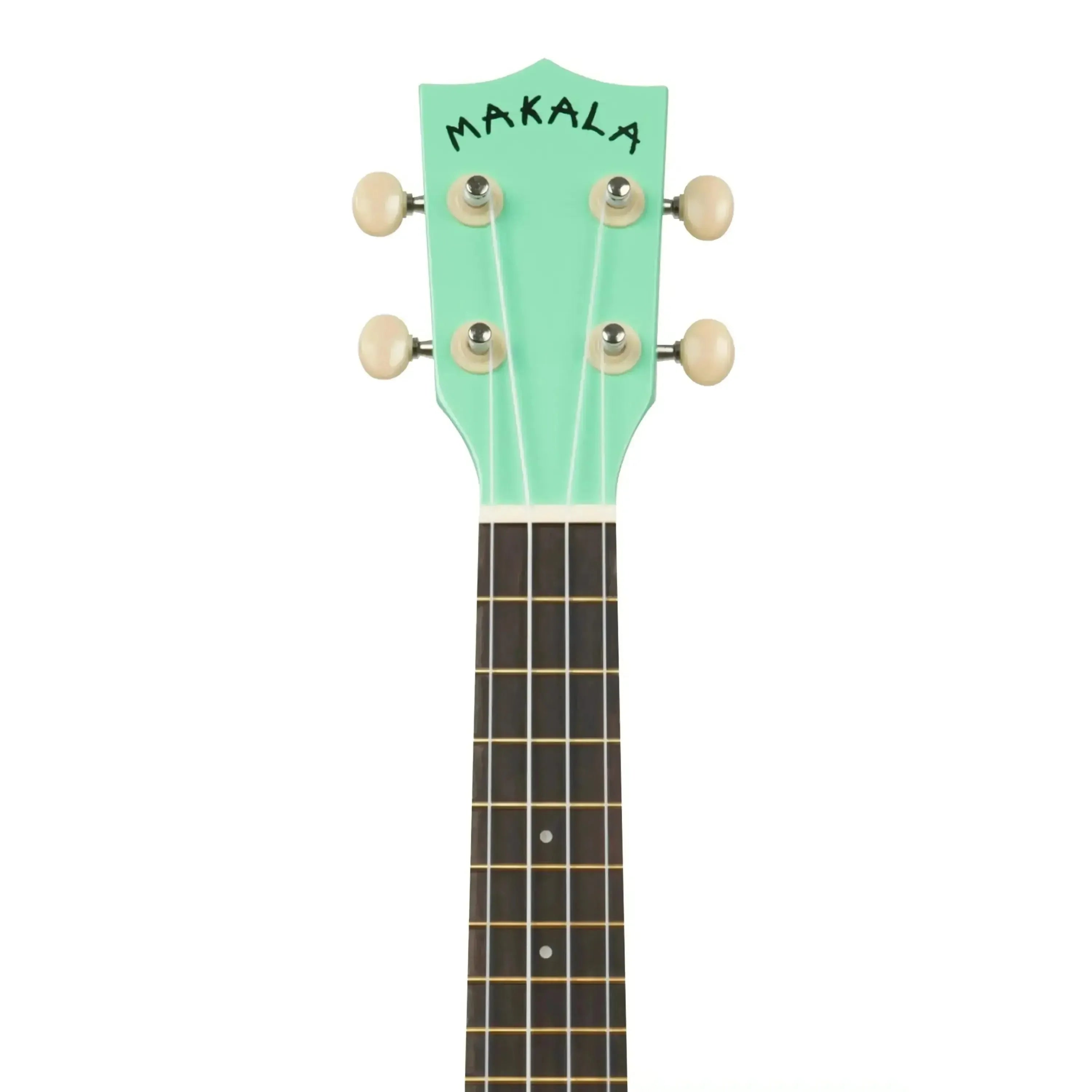 Makala Surf Green Shark Soprano Ukulele headstock with ivory tuners and dark rosewood fretboard.