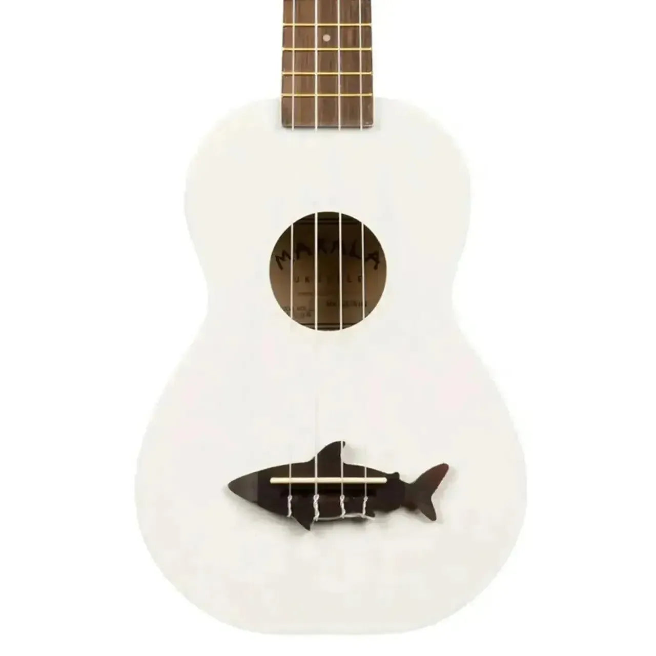 Kala Makala Great White Shark Soprano Ukulele, white body with dark shark-shaped bridge.