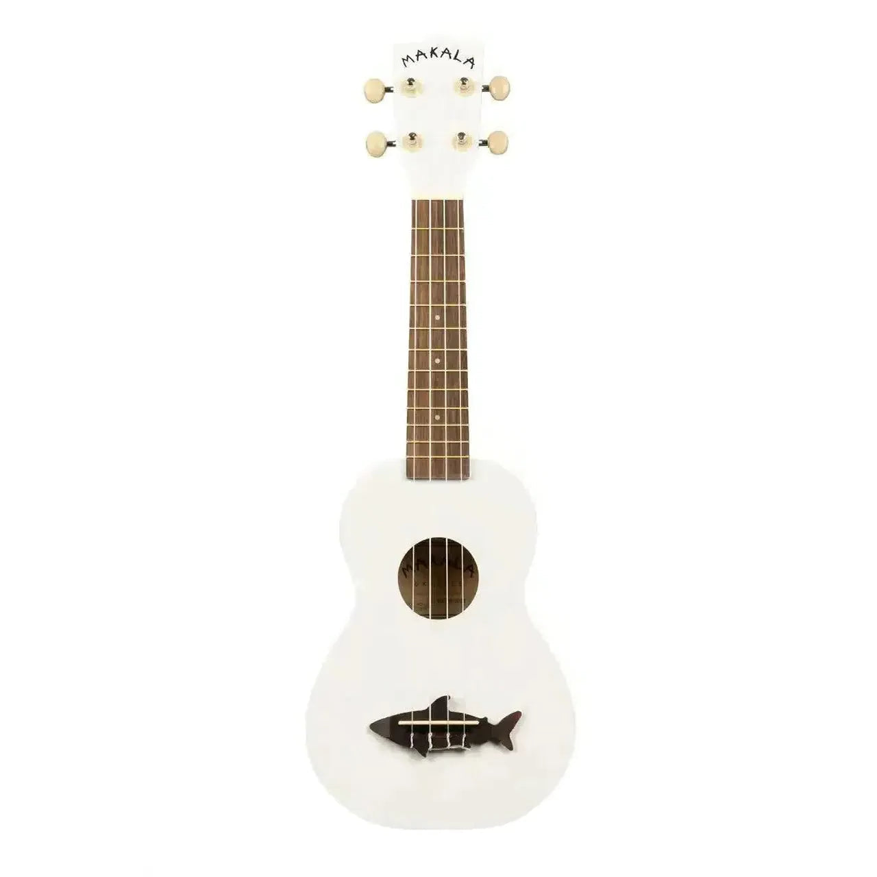 Kala Makala Great White Shark Soprano Ukulele, white with a dark shark-shaped bridge.