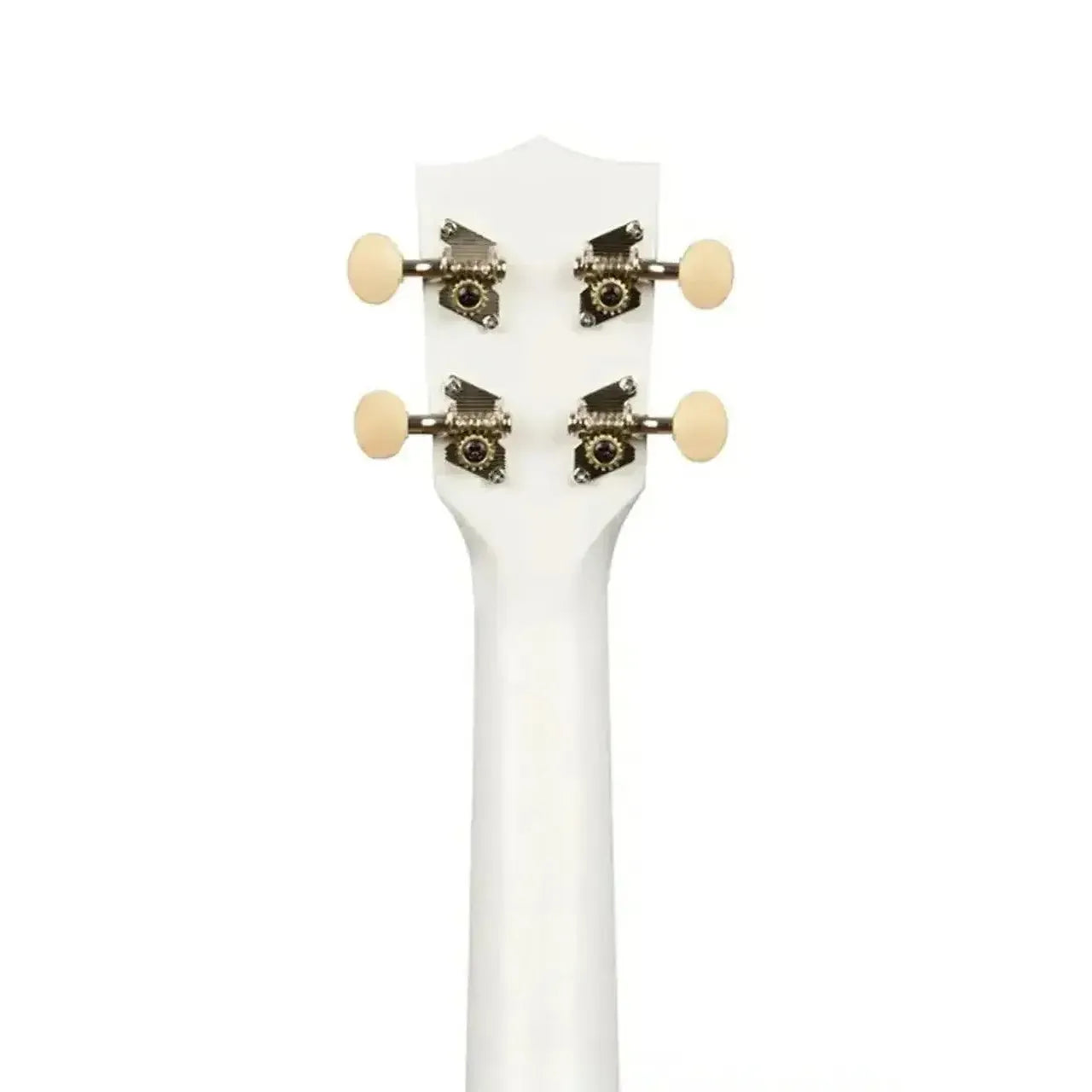 Kala Makala Great White Shark Soprano Ukulele headstock and neck, white with cream tuning pegs.