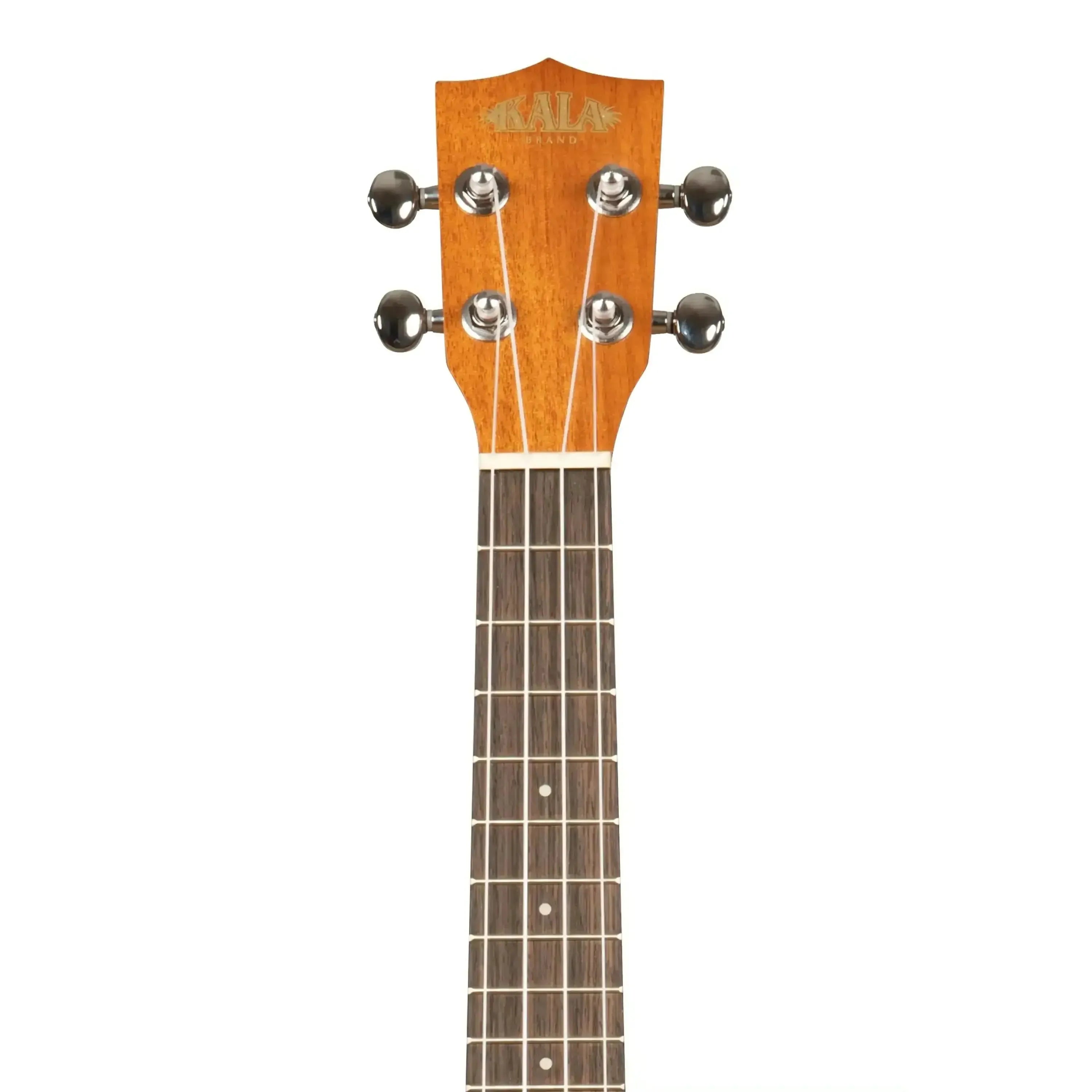 Kala Mandy Harvey Signature Concert Ukulele headstock with mahogany finish, chrome tuners, and rosewood fingerboard.