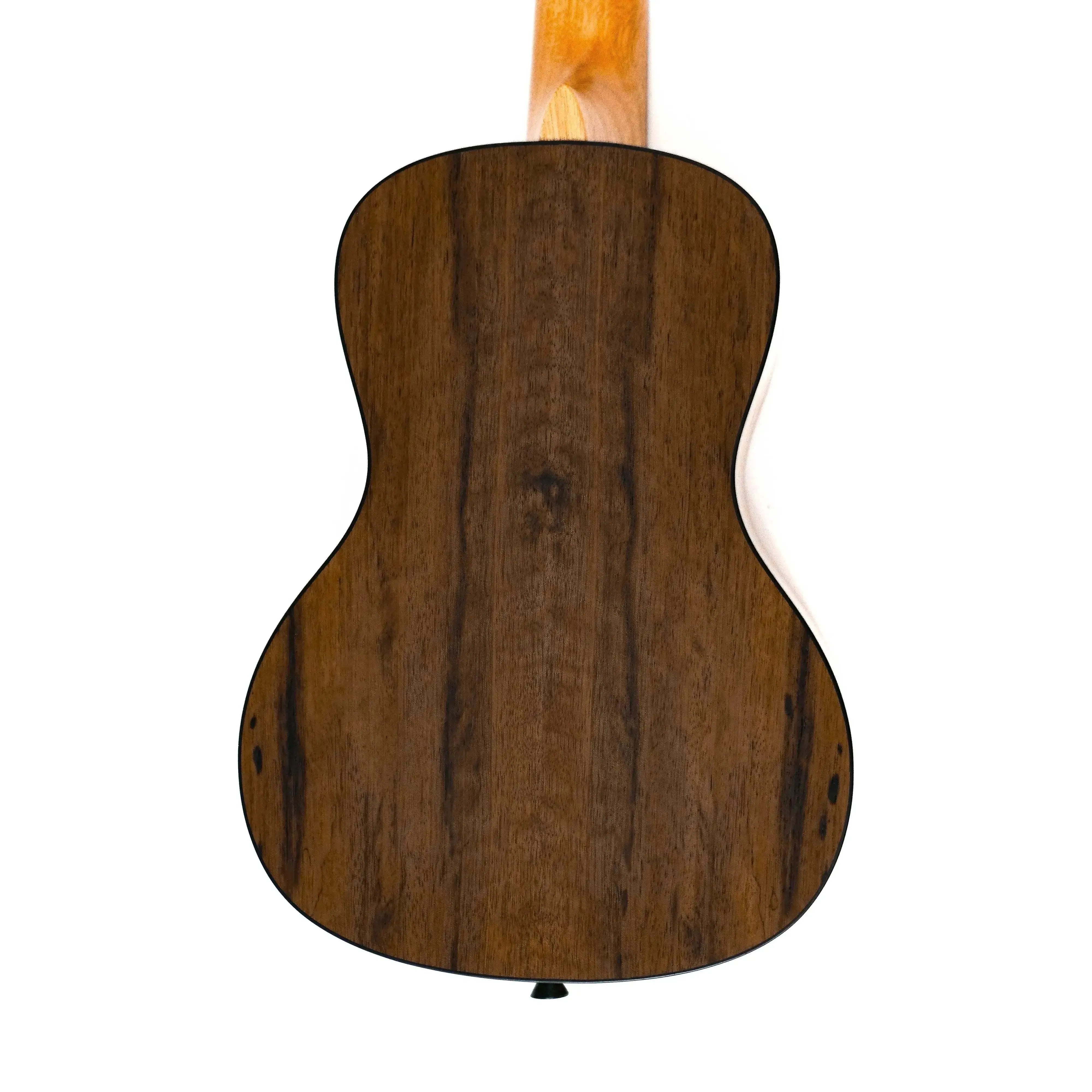 Back of a Kala MG-C Concert Ukulele, showcasing its dark brown spalted mango wood and black binding.